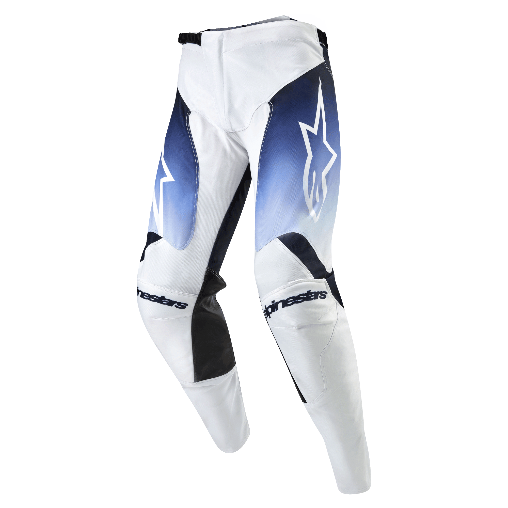Alpinestars 2024 Racer Hoen Hose, Motocross-Hose, Weiß mit Dunkelblau und Hellblau, strapazierfähiges Material, Ratschenverschluss, Alpinestars-Logo auf den Knien, Hochleistungs-Offroad-Ausrüstung