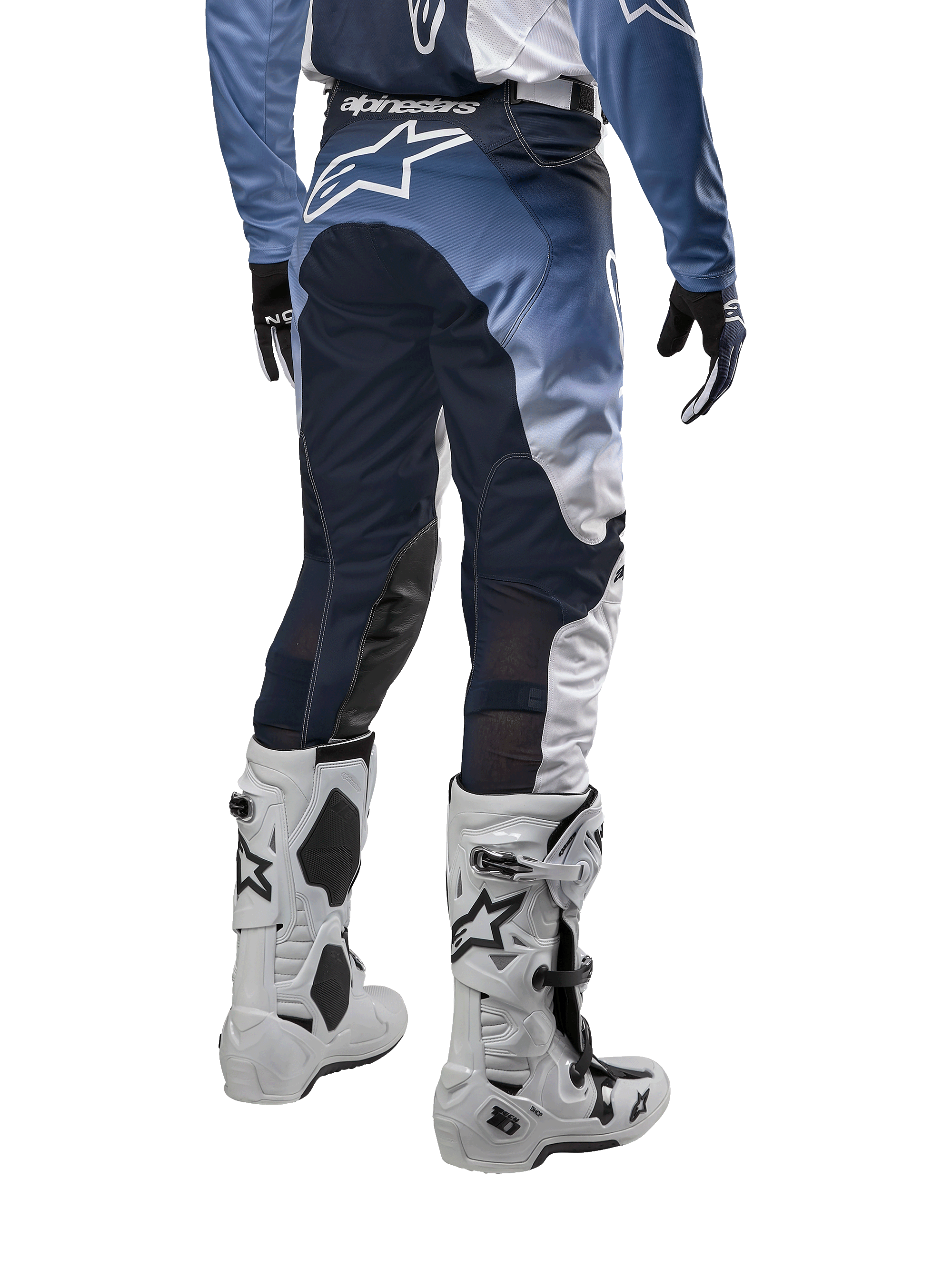 Alpinestars 2024 Racer Hoen Hose, Motocross-Hose in Weiß, Dunkelblau und Hellblau, Rückansicht, strapazierfähiges Material mit ergonomischem Design, ideal für Offroad-Rennsport