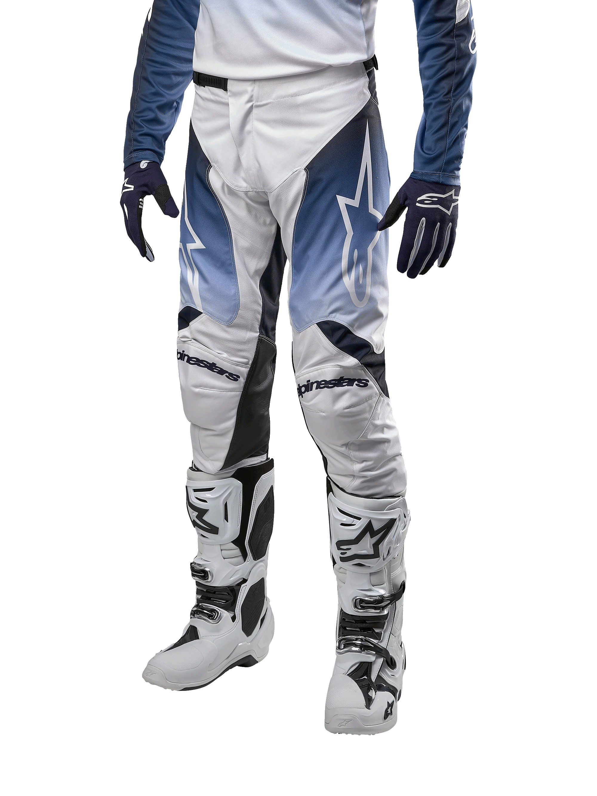 Alpinestars 2024 Racer Hoen Hose, Motocross-Hose, Weiß, Dunkelblau und Hellblau, ergonomische Passform, strapazierfähige Offroad-Bekleidung, sportliches Design