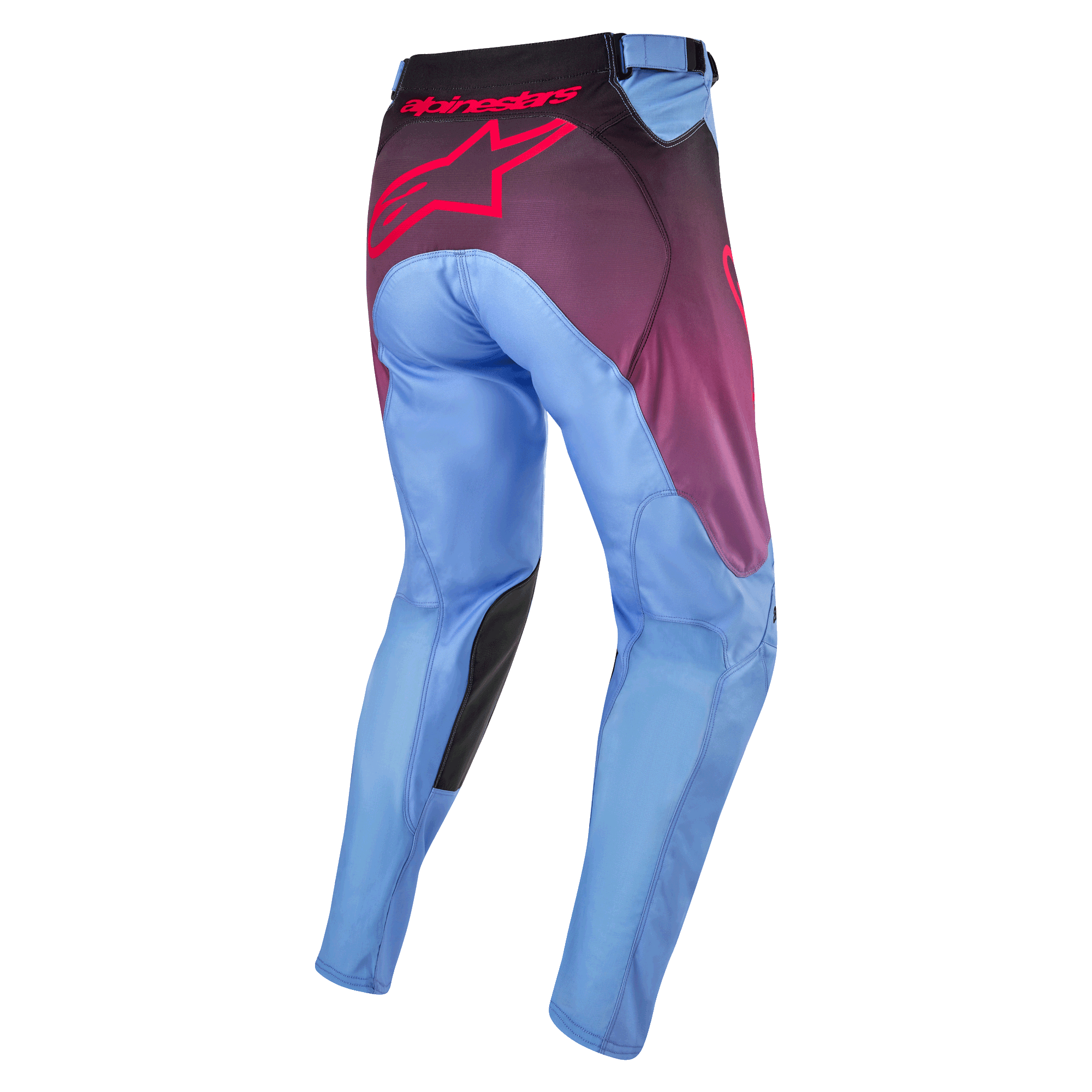 Alpinestars 2024 Racer Hoen Hose, Motocross-Hose, Lavan Purple und Schwarz, Rückansicht mit hellblauen Beinen, großem pinkfarbenem Alpinestars-Logo auf dem Gesäß, schwarzen Knieeinsätzen an der Innenseite und ergonomisch vorgeformter Konstruktion für den Offroad-Einsatz