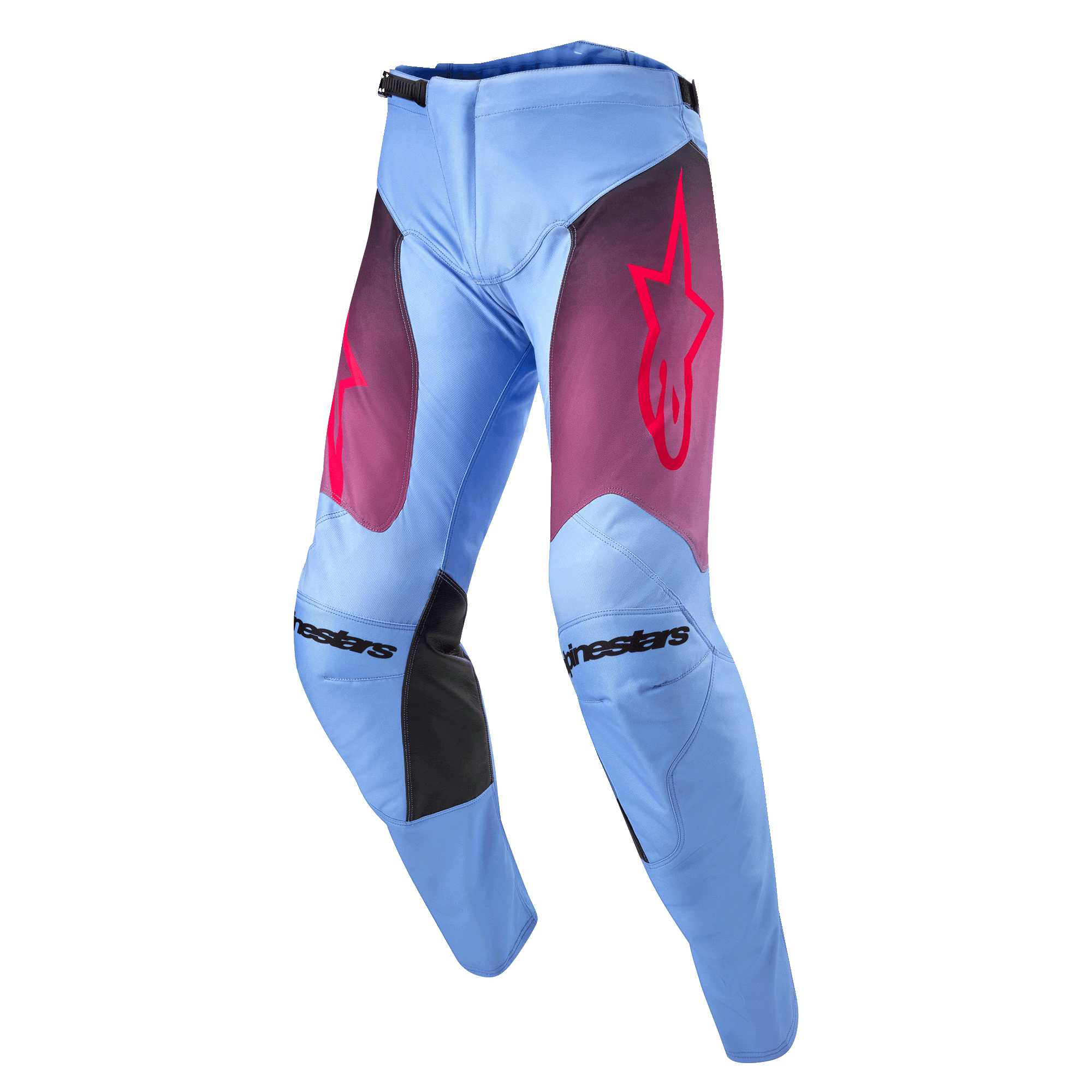 Alpinestars 2024 Racer Hoen Hose, Motocross-Hose, Lavan Lila und Schwarz, hellblau-lavendelfarbenes Chassis mit lila Farbverlauf an den Oberschenkeln und pinkfarbenem Stern-Logo, schwarze Knie-Innenpanele, vorgeformtes ergonomisches Design für Offroad-Performance