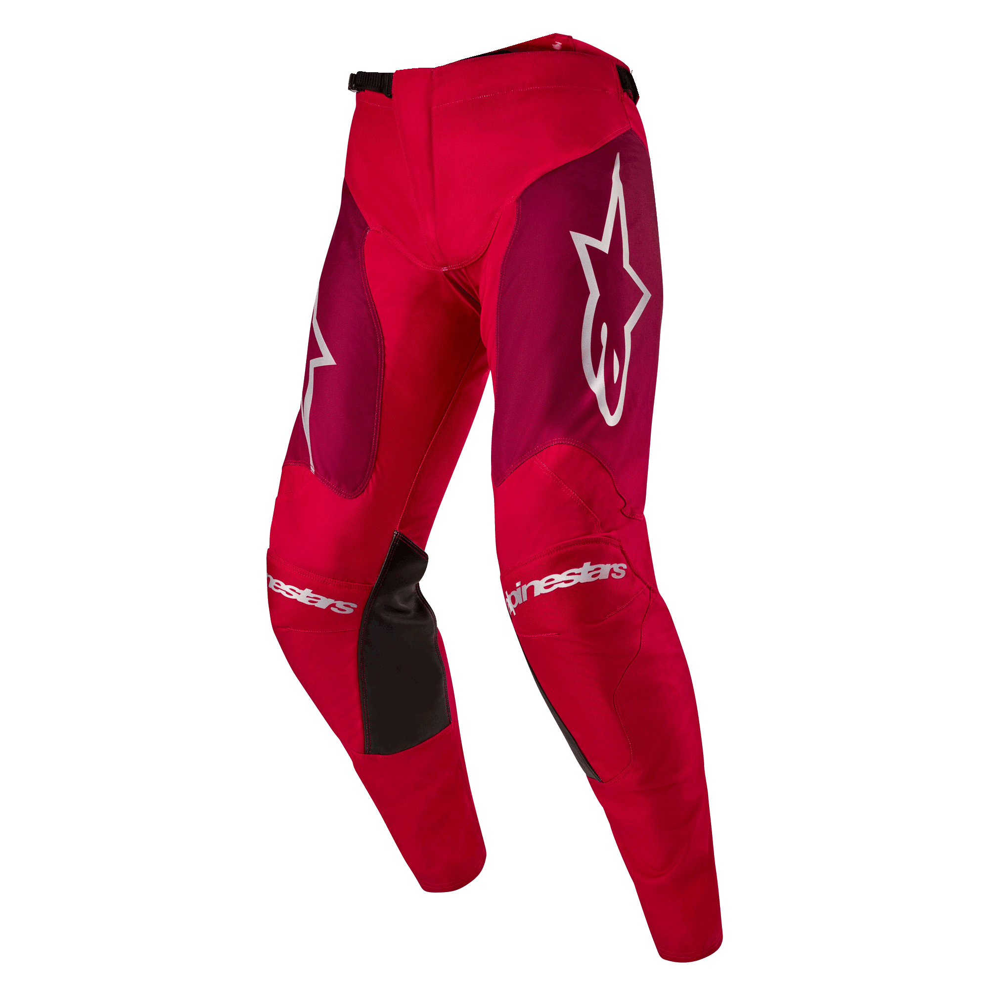 Alpinestars 2024 Racer Hoen Hose, Motocross-Hose, Mars Red Burgund, mit burgunderroten Oberschenkel-Panels und weißem Alpinestars-Branding an den Knien und Hüften, schwarze Knie-Grip-Einsätze auf der Innenseite, sportliches, vorgeformtes Design für Offroad-Performance