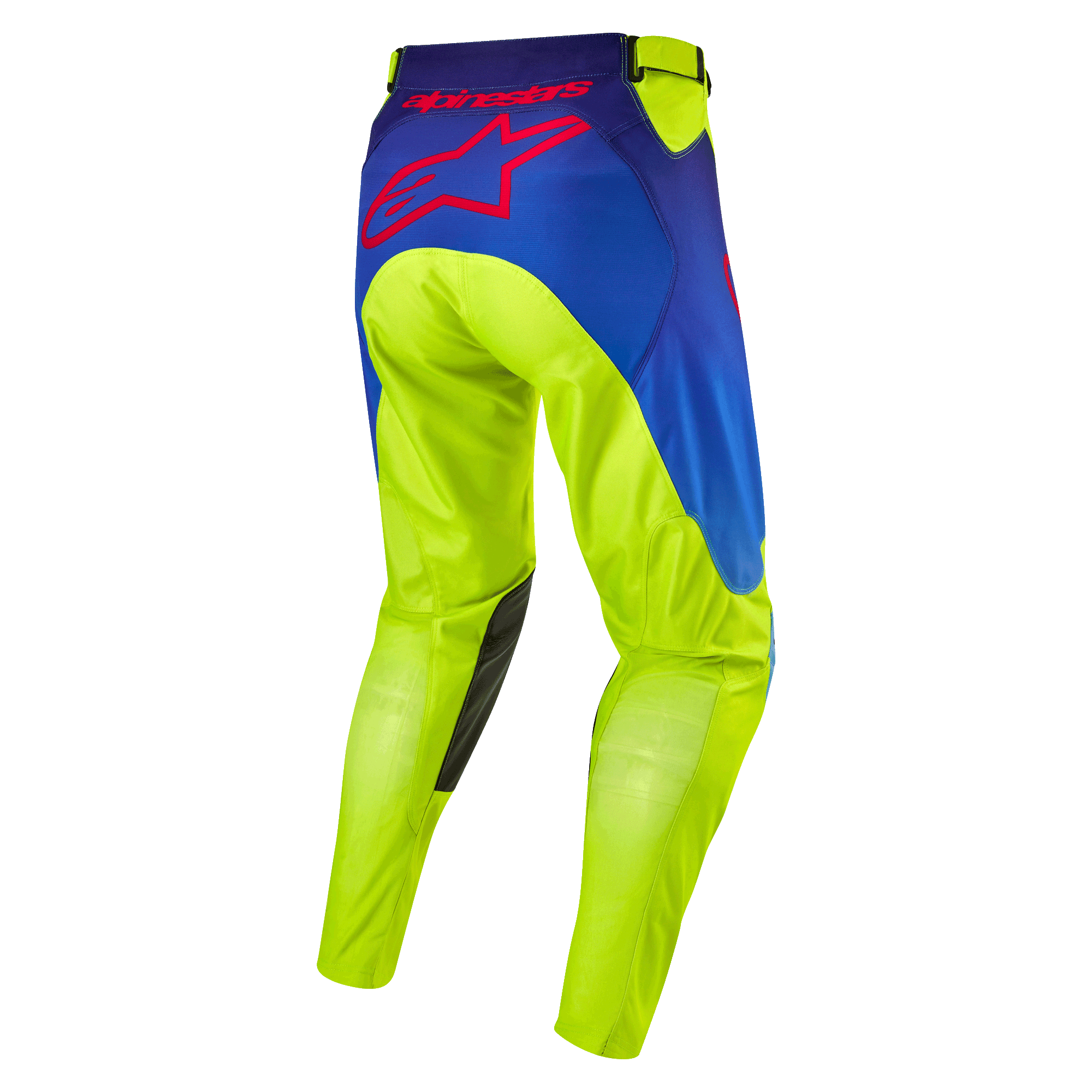 Alpinestars 2024 Racer Hoen Hose, Motocross-Hose, Gelb Fluo und Blau Night Navy, Rückansicht mit großem rotem Alpinestars Stern-Logo, dunkle Leder-Einsätze an den Knieinnenseiten, strapazierfähiges technisches Gewebe für Offroad-Rennsport