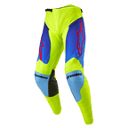 Alpinestars 2024 Racer Hoen Hose, Motocross-Hose, Gelb Fluo und Blau Night Navy, mit roten Stern-Logos auf den Oberschenkeln, hellblauen Knie-Einsätzen mit schwarzen Leder-Innenverstärkungen, sportliche vorgeformte Konstruktion für Offroad-Rennsport