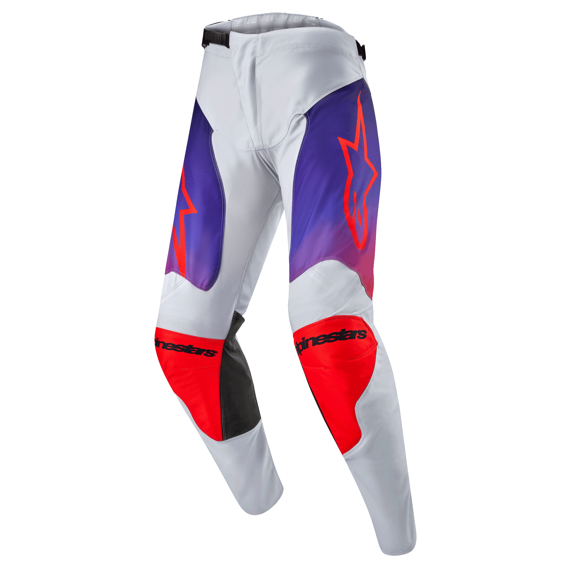 Alpinestars 2024 Racer Hoen Hose, Motocross-Hose, Hellgrau mit Akzenten in Hot Orange, Violett und Schwarz, ergonomisches Design, strapazierfähige Materialien für Offroad-Fahrten