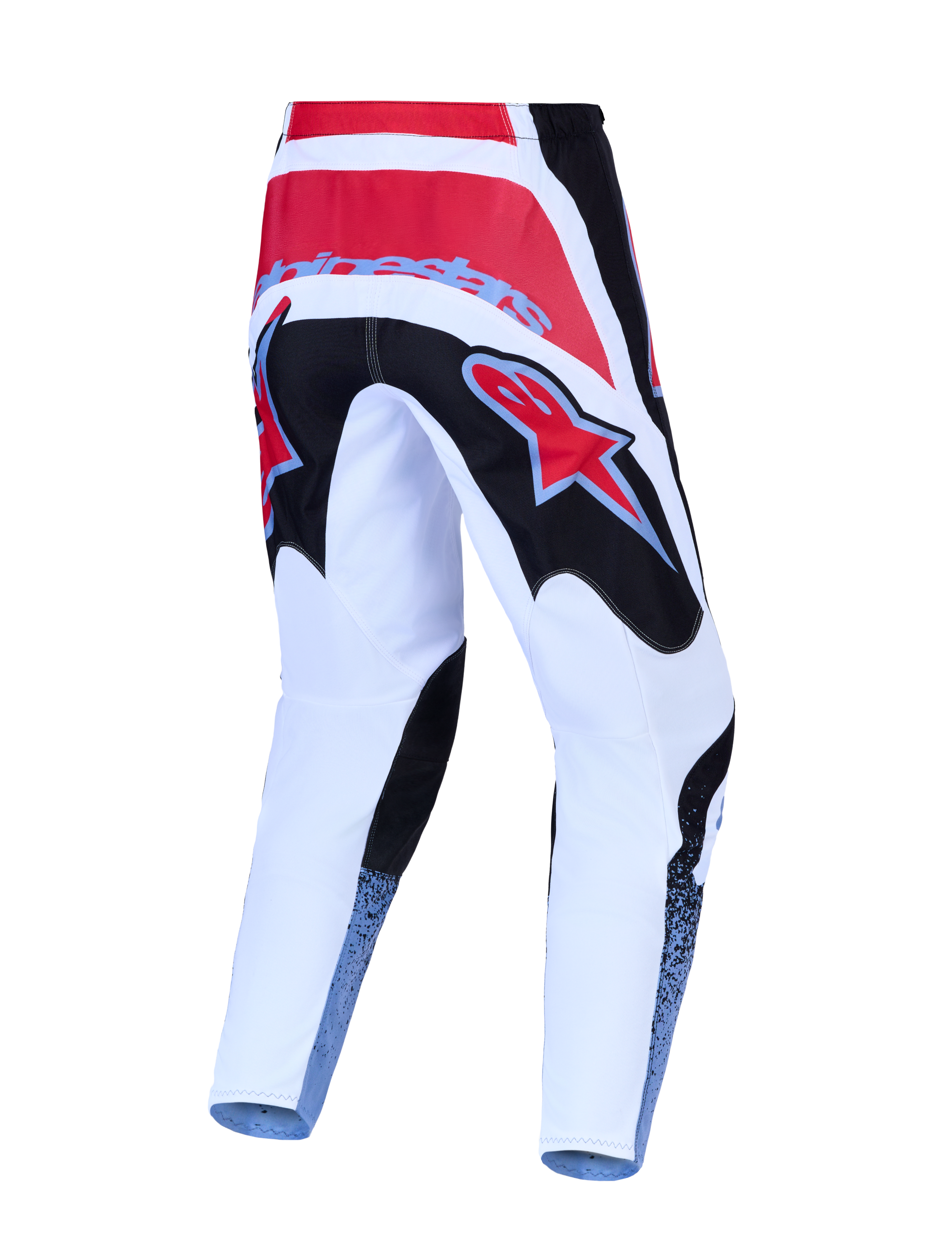 Alpinestars Fluid Drag Motocross-Hose, Rückansicht in Rot, Weiß und Schwarz, strapazierfähige 600D-Polygewebe-Konstruktion, ideal für MX und Geländefahrt.