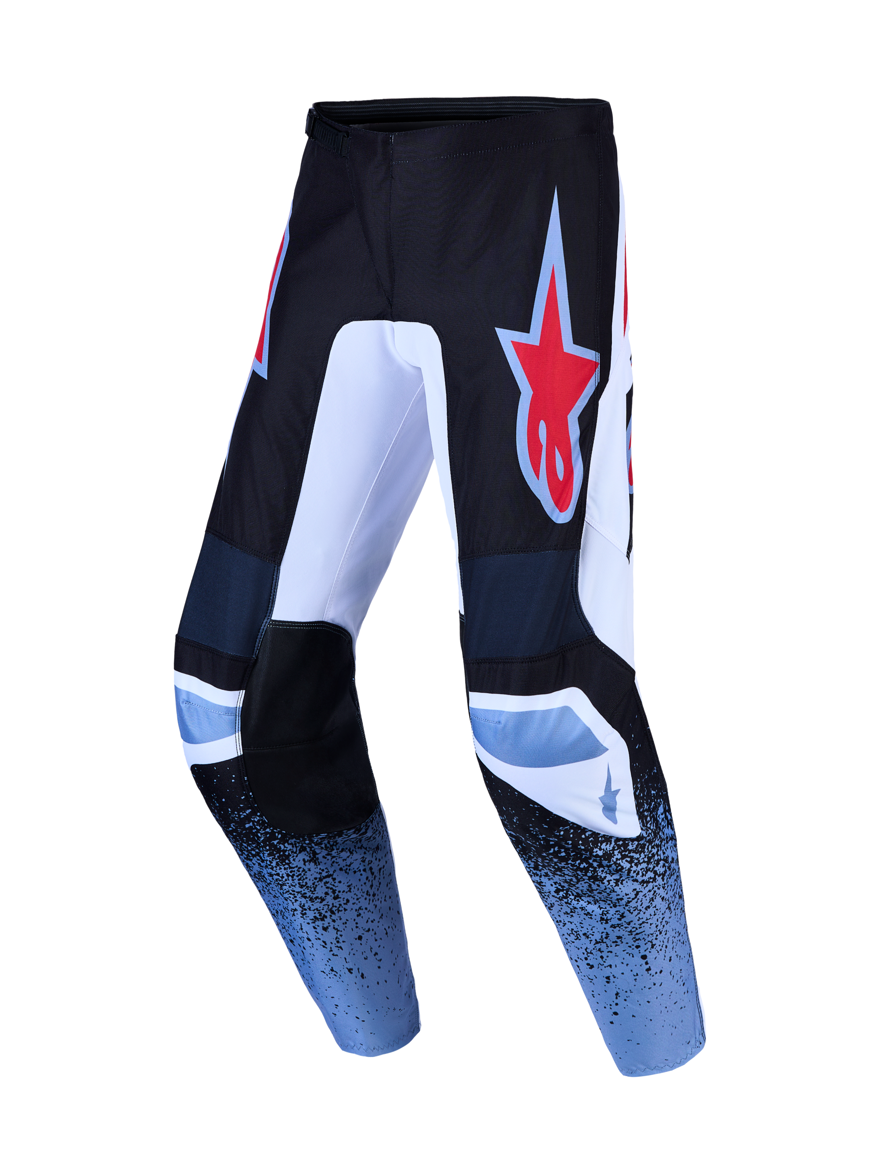 Alpinestars Fluid Drag Motocross-Hose in Schwarz und Blau mit rotem Stern-Logo und strapazierfähigem 600D Poly-Gewebe.