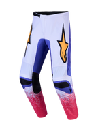 Alpinestars Fluid Drag Motocross-Hose in Weiß und Blau mit pinken gesprenkelten Grafiken und gelbem Stern-Logo.