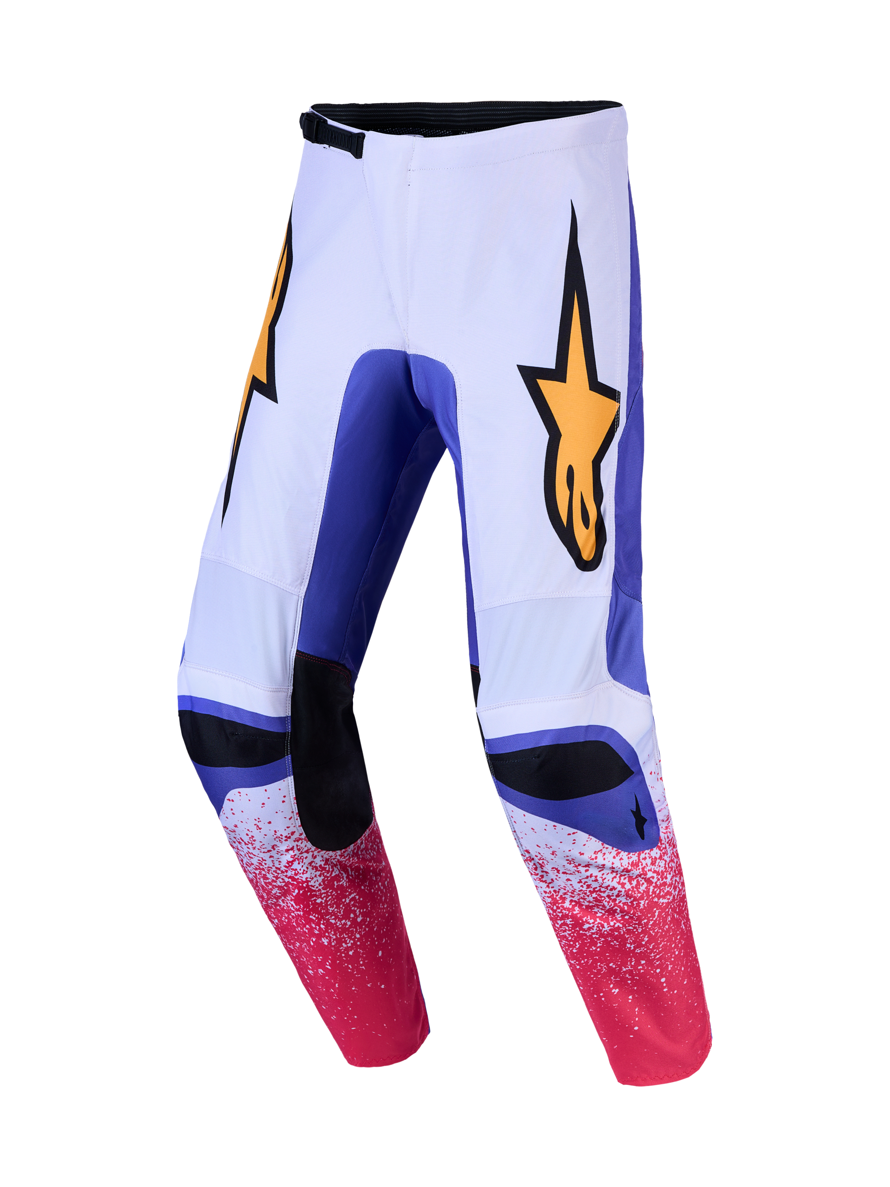 Alpinestars Fluid Drag Motocross-Hose in Weiß und Blau mit pinken gesprenkelten Grafiken und gelbem Stern-Logo.