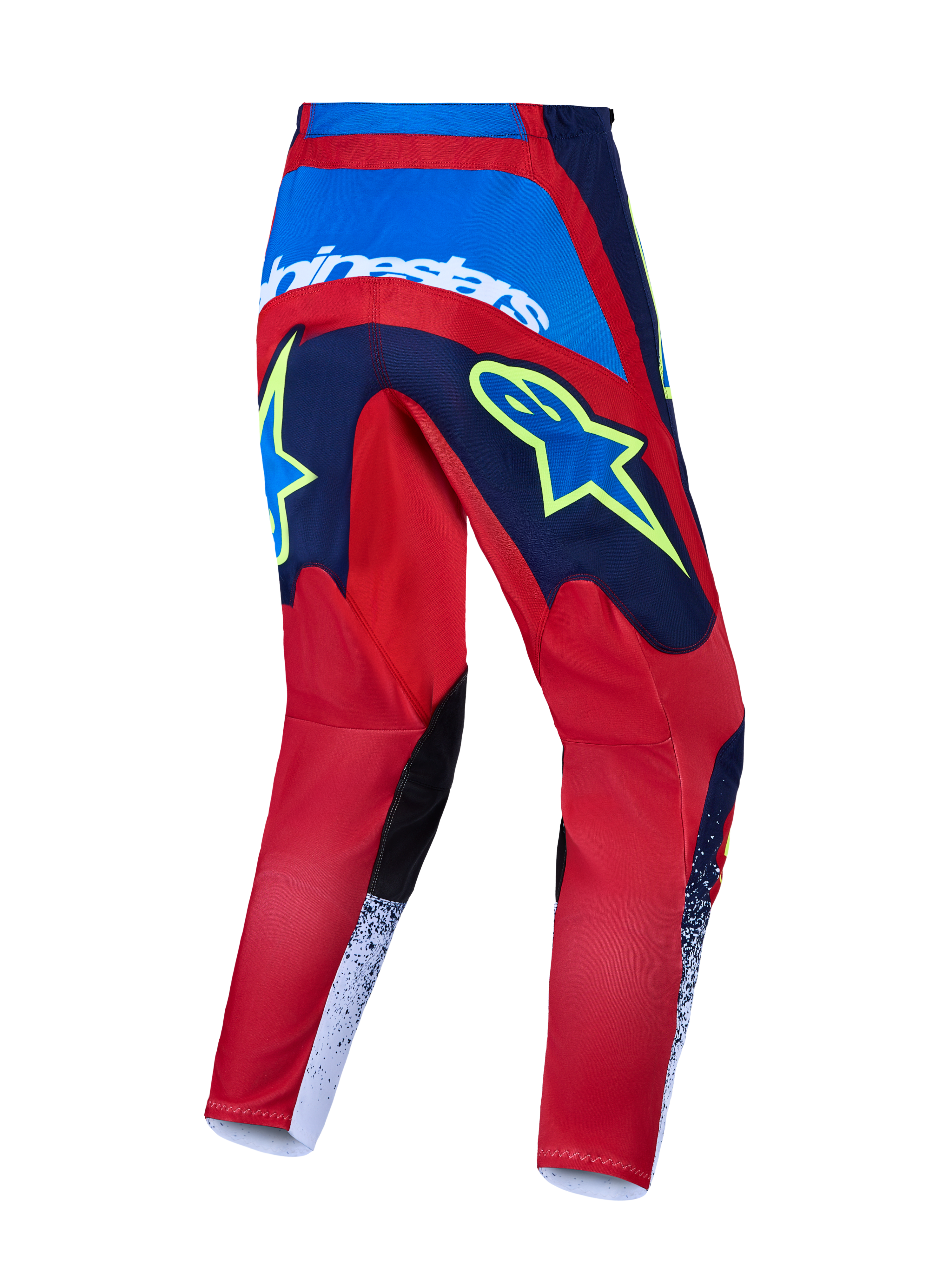 Alpinestars 2027 Fluid Drag Motocross-Hose, Offroad-Motorsport, Rot und Blau, gelbe Grafiken und verstärkte Sitzkonstruktion.