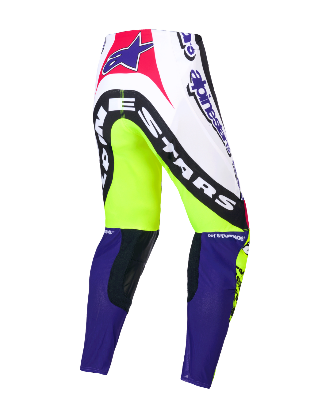Alpinestars Supertech Hose Dirt Studios® Limited Edition, Motocross-Hose, Weiß, Lila und Gelb Fluo, einlagige Stretch-Ripstop-Konstruktion mit Leder-Kniepanels, Rückansicht mit Markengrafiken