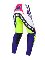 Alpinestars Supertech Hose Dirt Studios® Limited Edition, Motocross-Hose, Weiß, Lila und Gelb Fluo, einlagige Stretch-Ripstop-Konstruktion mit Leder-Kniepanels, Rückansicht mit Markengrafiken