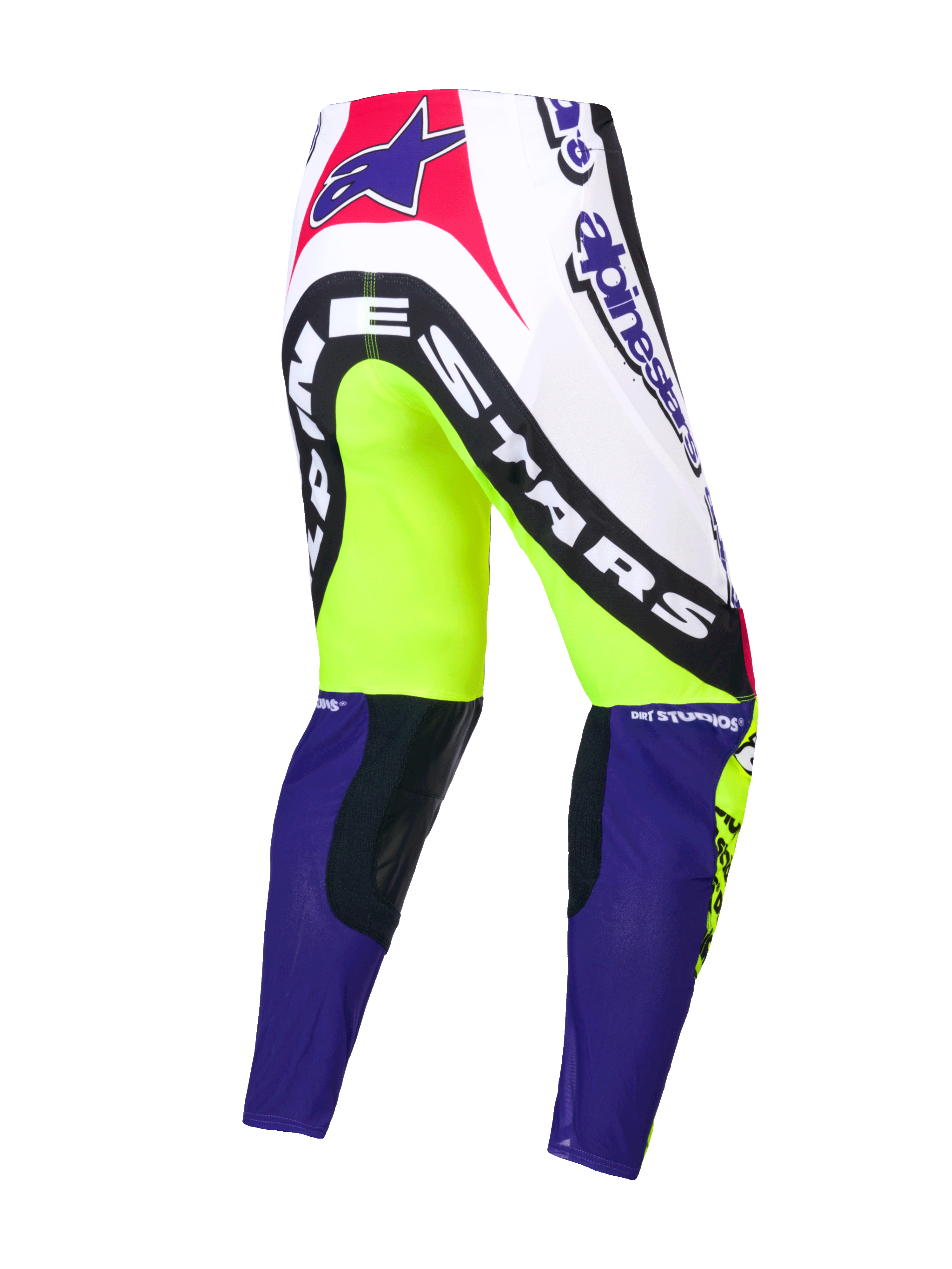Alpinestars Supertech Hose Dirt Studios® Limited Edition, Motocross-Hose, Weiß, Lila und Gelb Fluo, einlagige Stretch-Ripstop-Konstruktion mit Leder-Kniepanels, Rückansicht mit Markengrafiken
