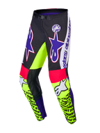 Alpinestars Supertech Hose Dirt Studios® Limited Edition, Motocross-Hose, Weiß, Lila und Gelb Fluo, einlagiges Stretch-Ripstop-Gewebe mit Lederknieteilen