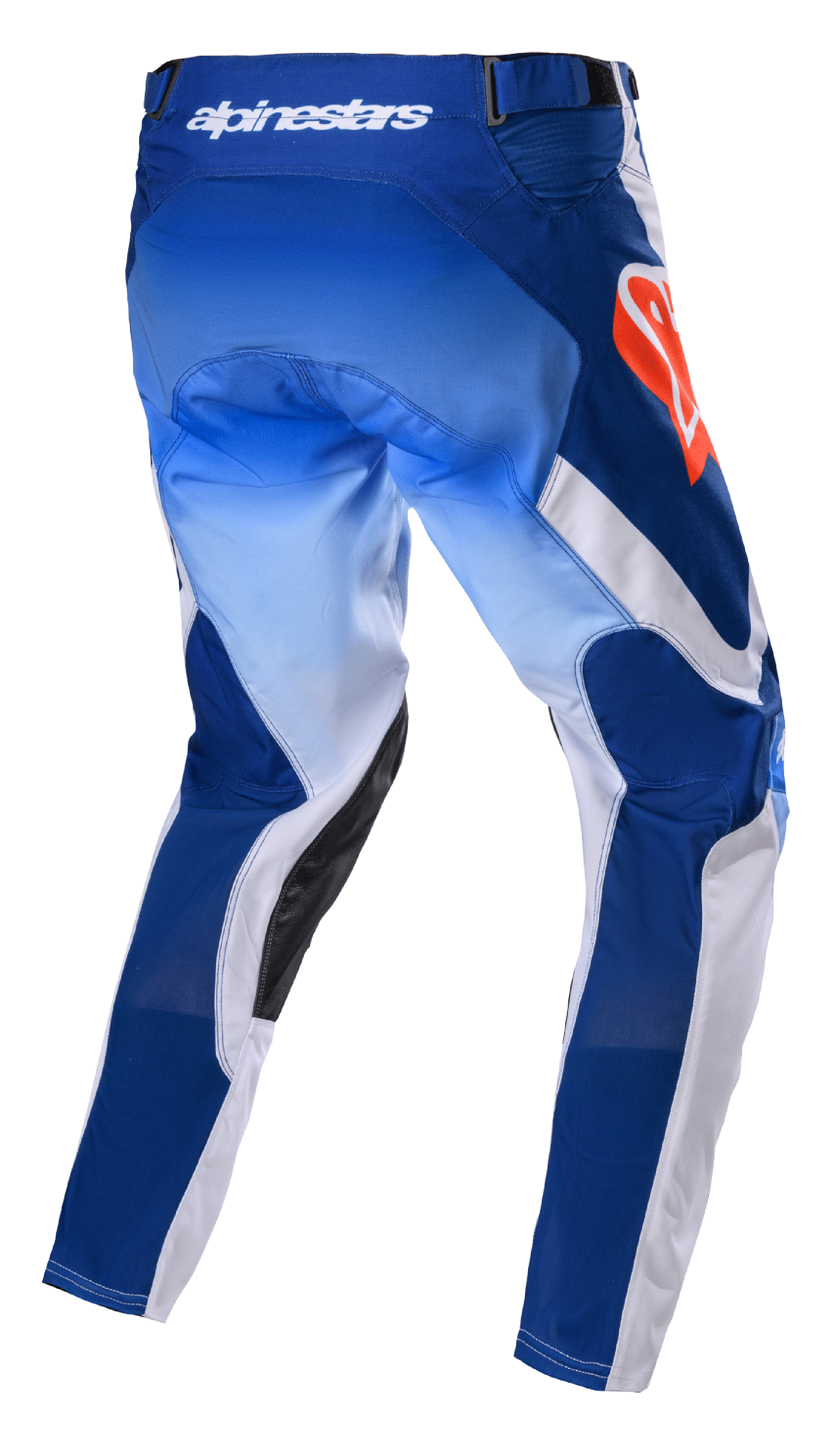Alpinestars 2023 Racer Semi Pants, Motocross Pants, Blue Hot Orange, rear view showing gradient blue and white panels, hot orange Alpinestars logo on the hip, black leather inner leg reinforcements, technical design for off-road racing