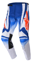 Alpinestars 2023 Racer Semi Pants, Motocross Pants, Blue White and Hot Orange, featuring large orange star logos, black heat-resistant inner knee panels, and a pre-curved ergonomic design for off-road racing performance.