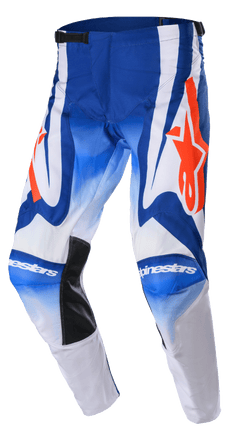 Alpinestars 2023 Racer Semi Pants, Motocross Pants, Blue White and Hot Orange, featuring large orange star logos, black heat-resistant inner knee panels, and a pre-curved ergonomic design for off-road racing performance.