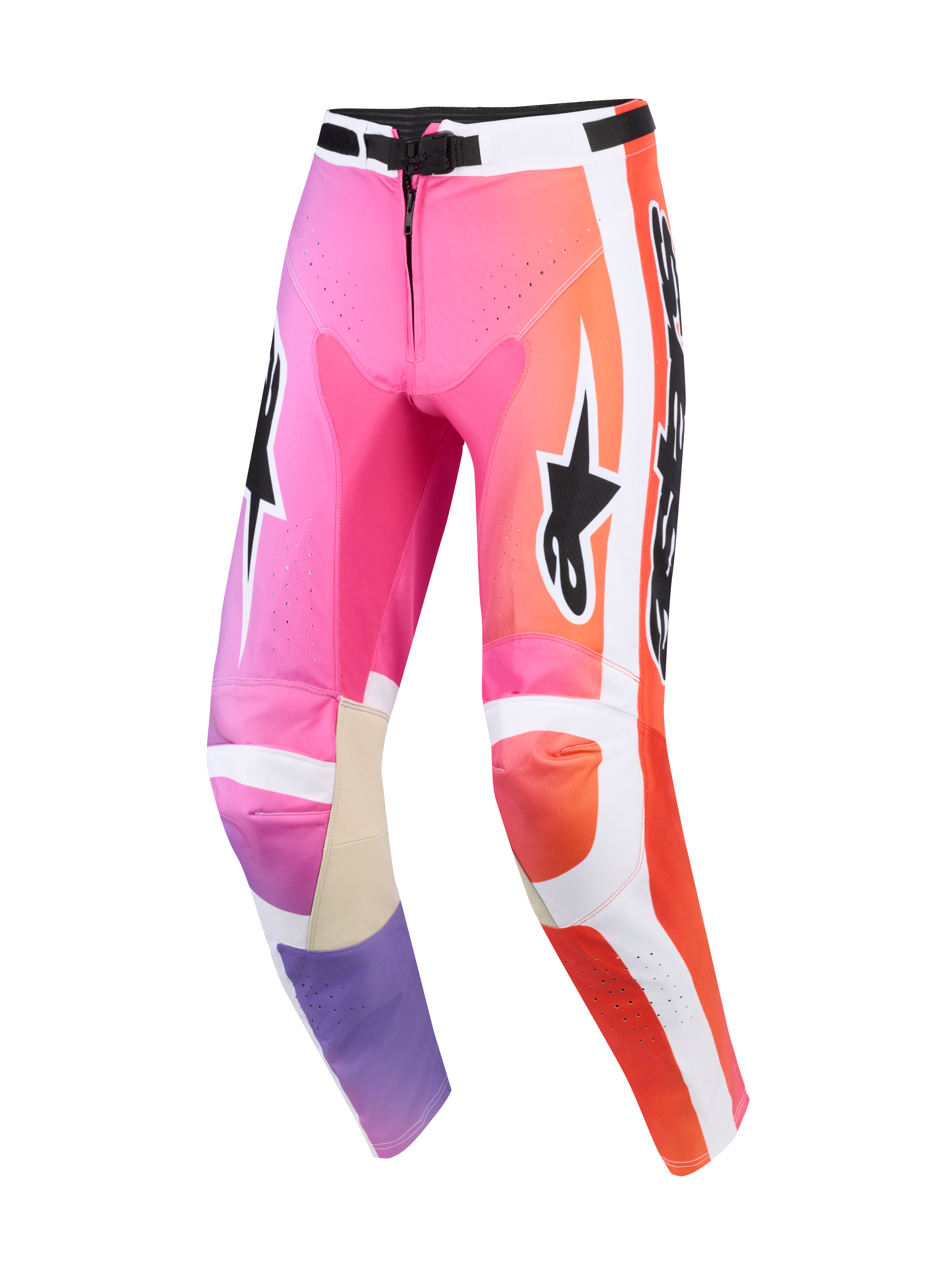 Alpinestars 2026 Racer Air Portl Hose, Motocross-Hose, mehrfarbig in Pink, Orange und Lila mit weißen Seitenpaneelen, schwarzen Alpinestars-Logos, perforierten Zonen zur Belüftung und beigefarbenen Lederverstärkungen an der Knieinnenseite.
