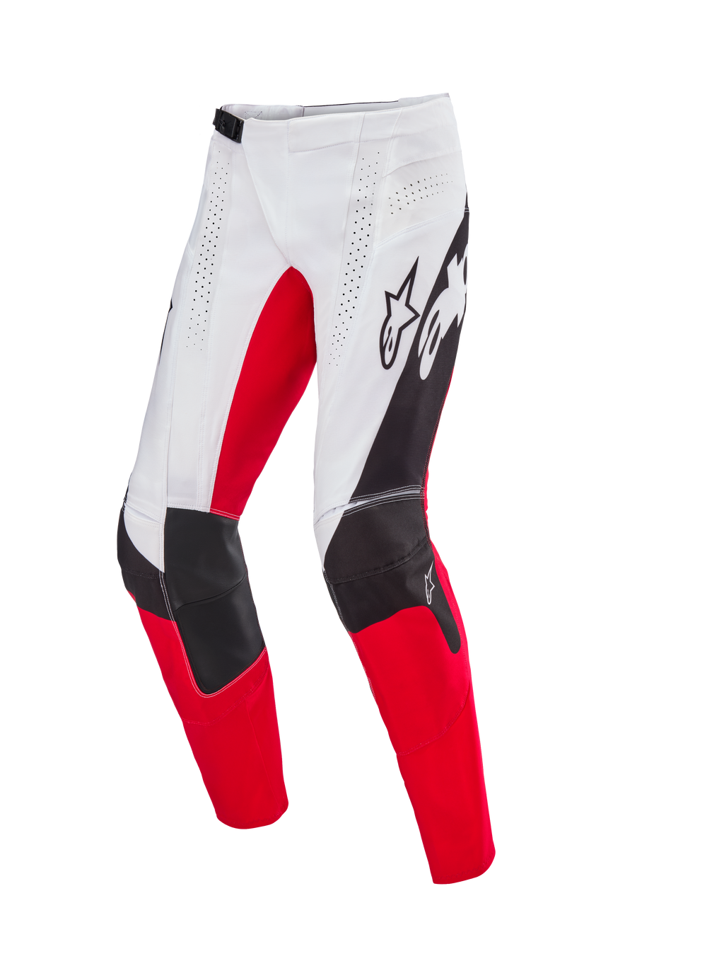 Alpinestars Limited Edition Techstar Deep Hose, Motocross-Hose, Weiß, Schwarz und High Red, laserperforierte Belüftung, 3D Babel-Kniekonstruktion mit verstärkten Einsätzen, markantes Alpinestars-Branding auf den Oberschenkeln, konzipiert für professionelle Offroad-Performance