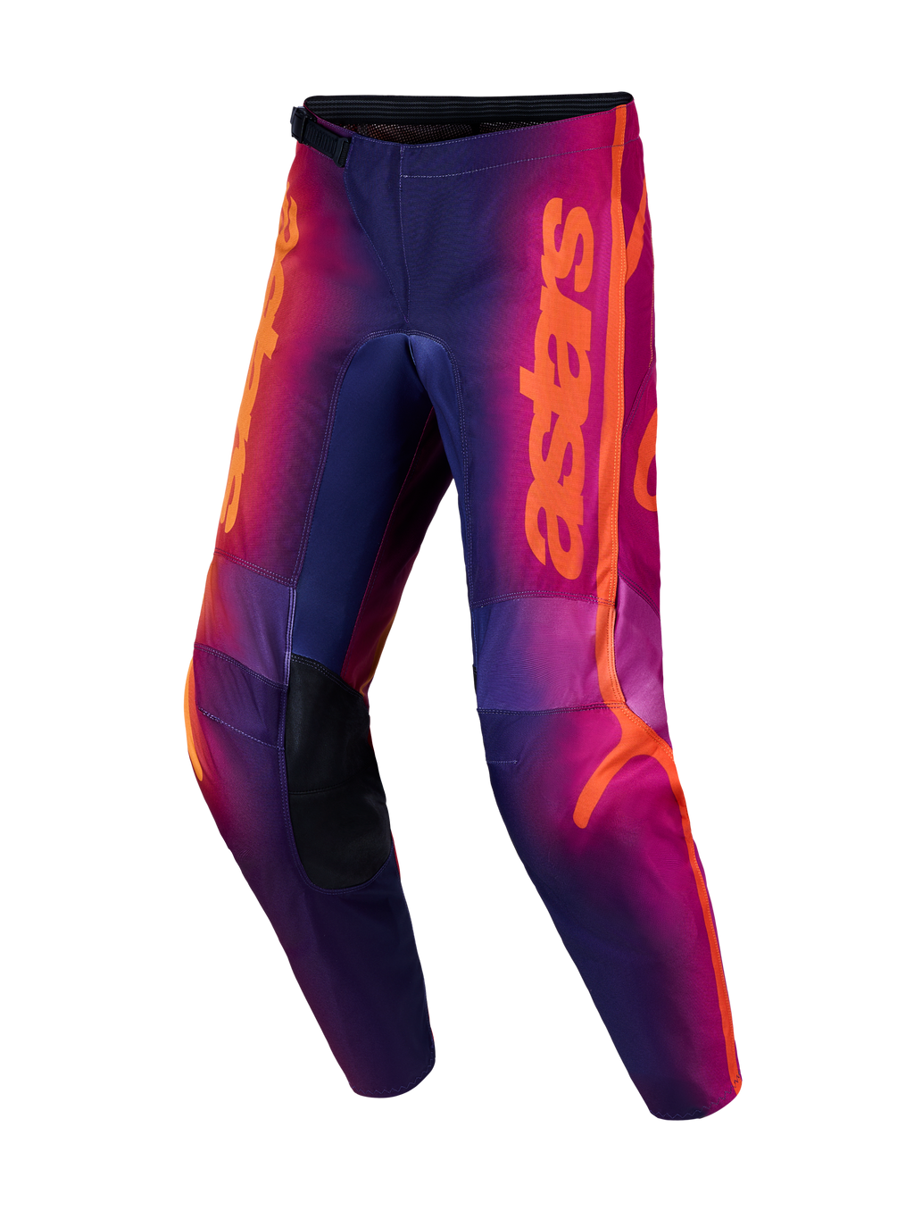 Alpinestars Fluid Kepler MX-Hose in Lila und Orange, Motocrosshose mit verstärkten Knien und ergonomischem 3D-Muster.