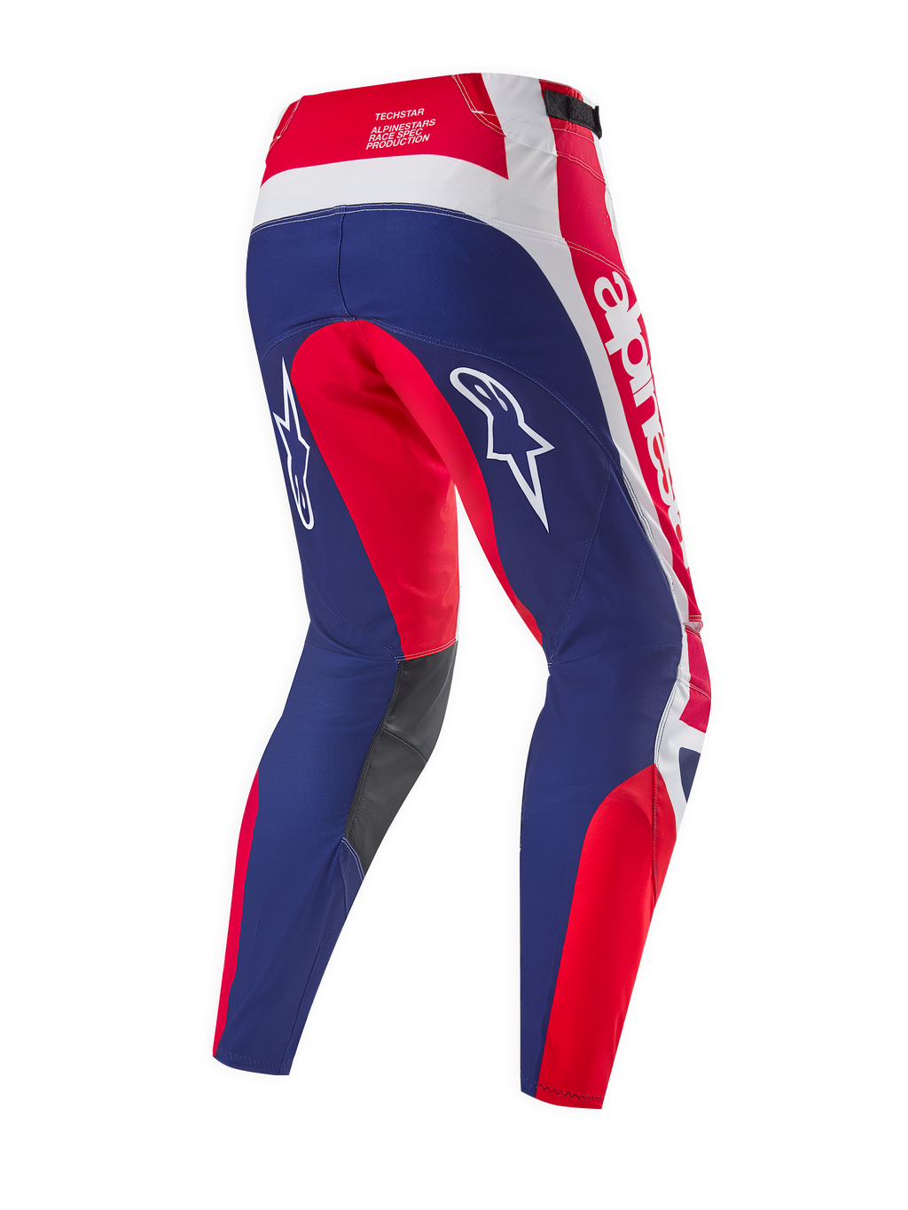 Alpinestars Limited Edition Techstar Fortitude Hose, Motocross-Hose, Hellrot, Weiß und Blau, Rückansicht mit ergonomischen Racing-Panels, weißen Alpinestars-Logos und dunkelgrauen Knieinnenpaneelen.