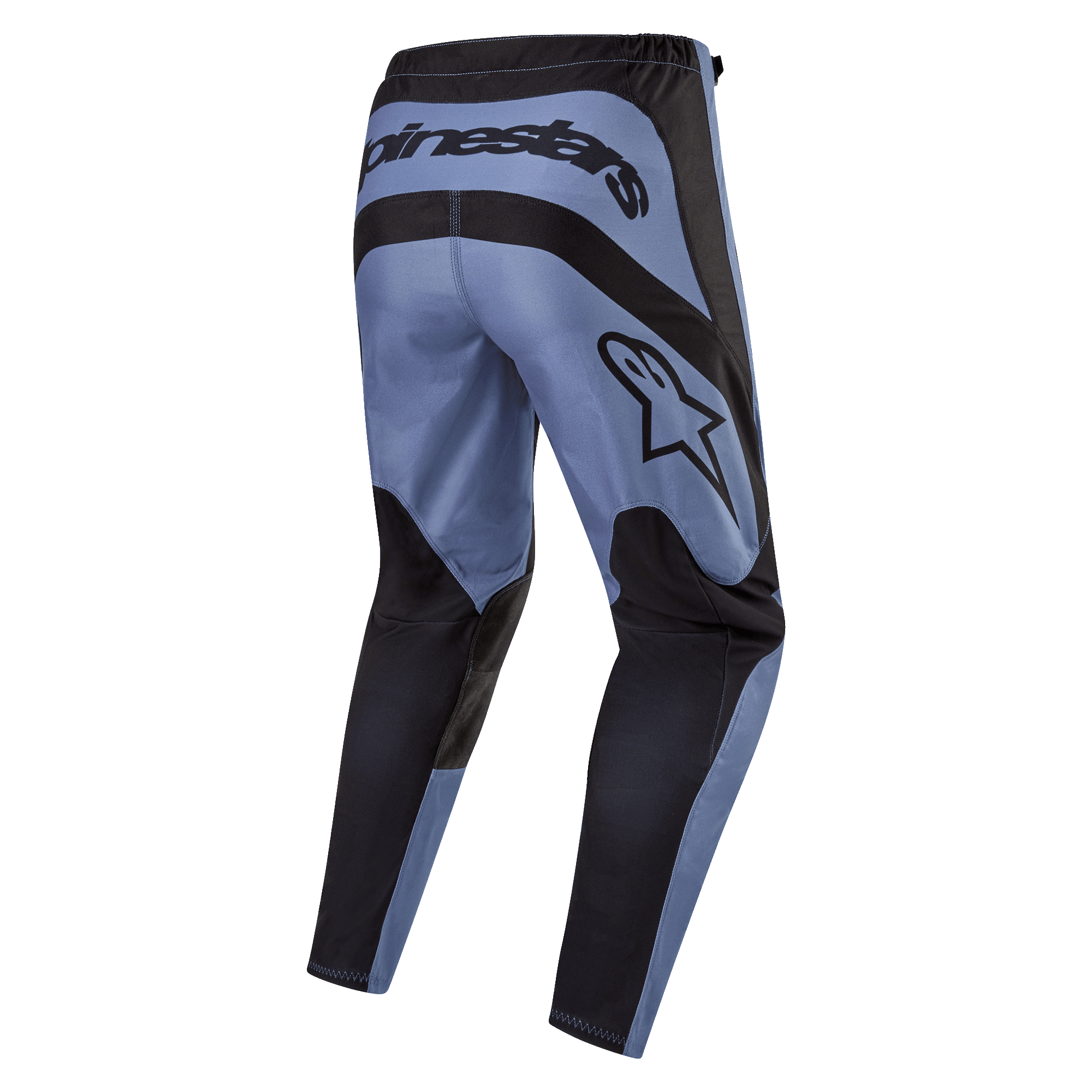 Alpinestars 2024 Fluid Lurv Hose, Motocross-Hose, Hellblau und Schwarz, Rückansicht mit markantem Alpinestars-Branding auf der Rückseite und an der Seite, schwarze verstärkte Einsätze an Gesäß und Beininnenseiten, ergonomisches vorgeformtes Design für Offroad-Performance