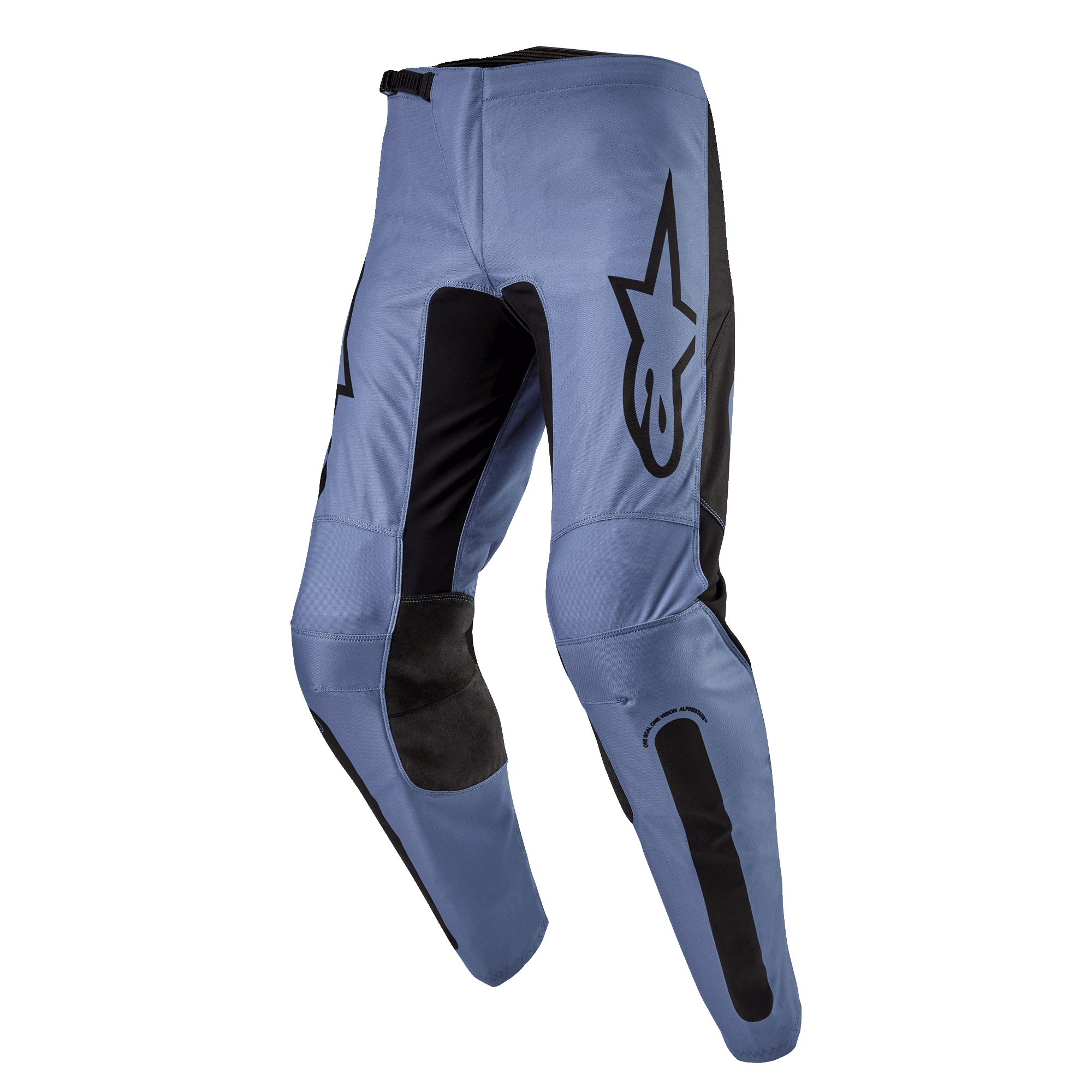 Alpinestars 2024 Fluid Lurv Hose, Motocross-Hose, Hellblau und Schwarz, mit großem schwarzem Alpinestars-Logo auf dem Oberschenkel, schwarzen verstärkten Innenknie-Paneelen und ergonomisch vorgeformtem Beindesign für den Offroad-Einsatz