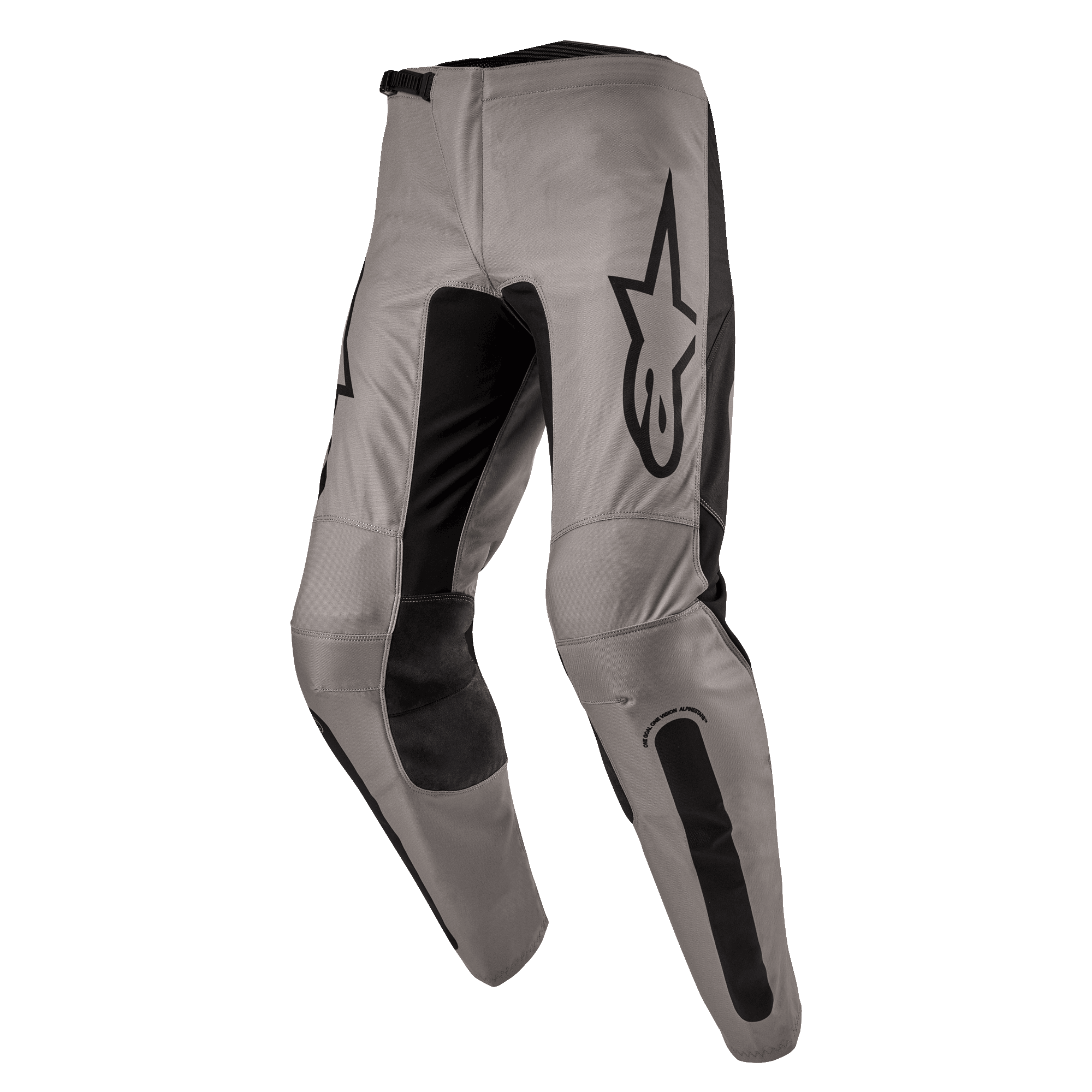 Alpinestars 2024 Fluid Lurv Hose, Motocross-Hose, Mud Black, mit grau-beigem Hauptchassis und schwarzen Stretch-Einsätzen an den Beininnenseiten und Knien, markantes schwarzes Alpinestars-Logo auf dem Oberschenkel, ergonomisches vorgeformtes Design für den Offroad-Sport