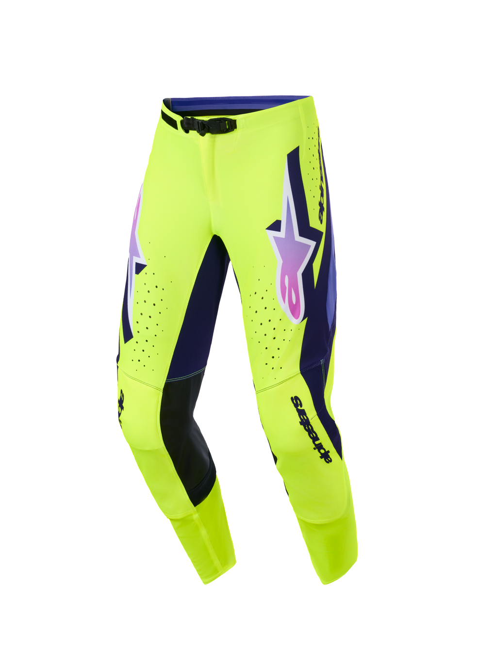 Alpinestars 2026 Supertech Vista Hose, Motocross-Hose, Leuchtgelb mit lila und schwarzen Akzenten, Alpinestars-Logo mit pink-lila Farbverlauf auf den Oberschenkeln, lasergeschnittene Perforationen zur Belüftung, athletisches Race-Fit-Design für Offroad-Performance