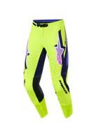 Alpinestars 2026 Supertech Vista Hose, Motocross-Hose, Leuchtgelb mit lila und schwarzen Akzenten, Alpinestars-Logo mit pink-lila Farbverlauf auf den Oberschenkeln, lasergeschnittene Perforationen zur Belüftung, athletisches Race-Fit-Design für Offroad-Performance