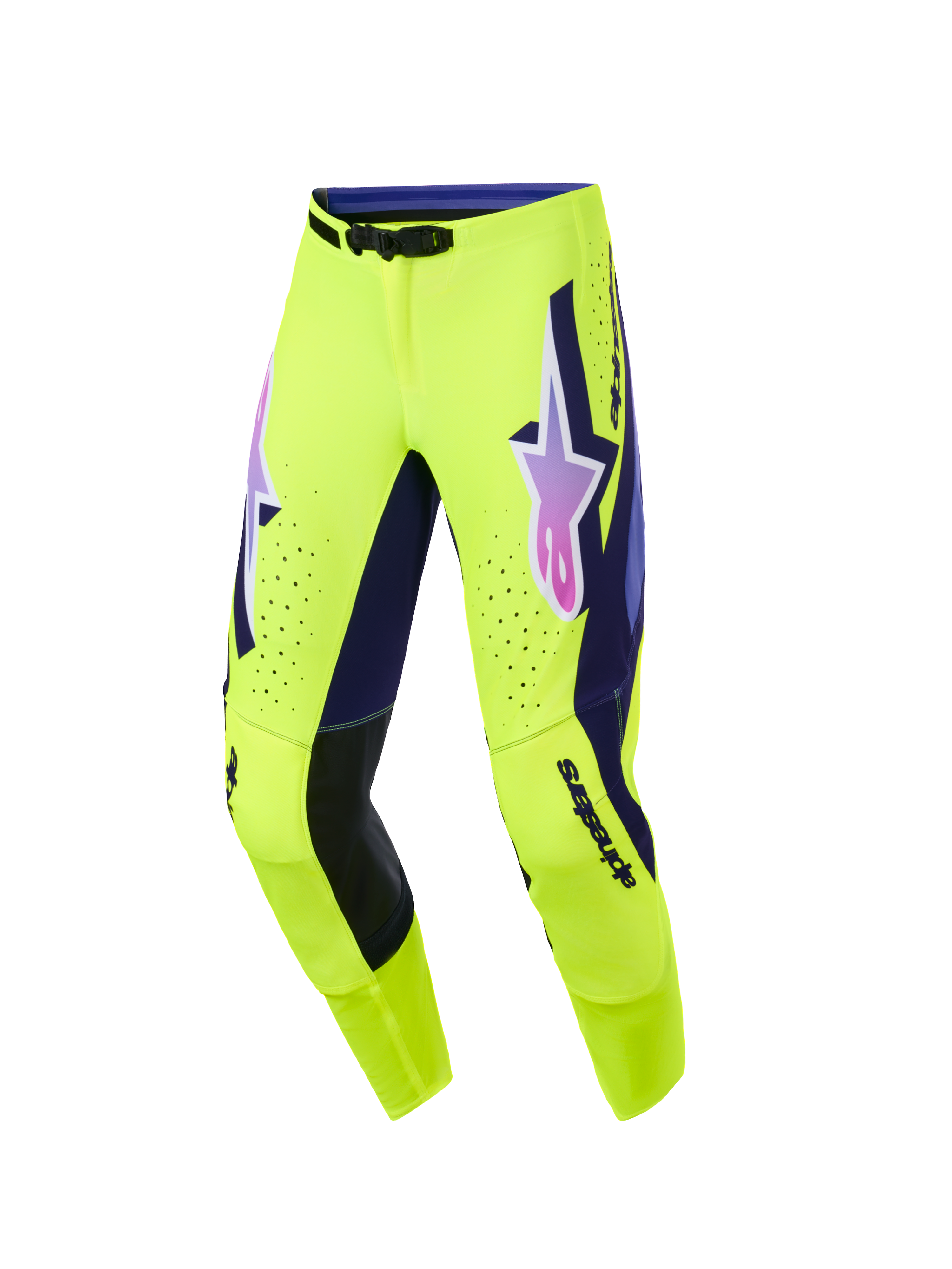 Alpinestars 2026 Supertech Vista Hose, Motocross-Hose, Leuchtgelb mit lila und schwarzen Akzenten, Alpinestars-Logo mit pink-lila Farbverlauf auf den Oberschenkeln, lasergeschnittene Perforationen zur Belüftung, athletisches Race-Fit-Design für Offroad-Performance