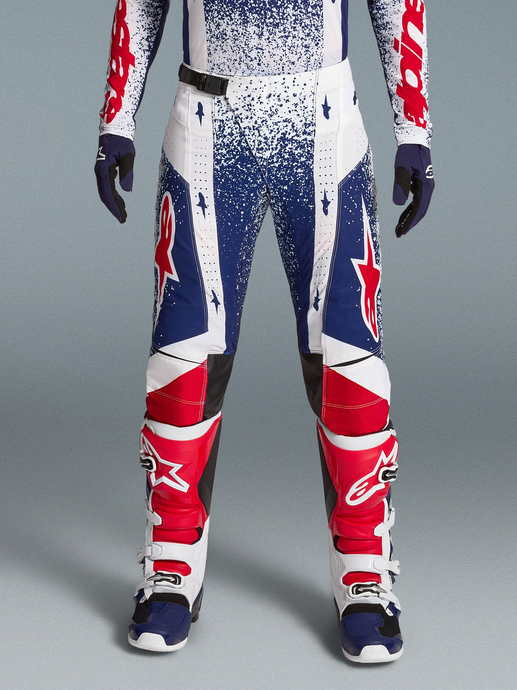 Alpinestars Limited Edition Techstar Unity Pants, Red White Blue motocross racing pants for men with performance stretch.