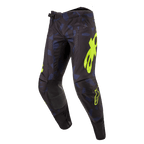 Alpinestars 2024 Techstar Rantera Pants, Motocross Pants, Black Navy and Yellow Fluo, featuring bold yellow branding, laser-cut perforations for airflow, and reinforced knee panels, race-inspired design for motocross performance