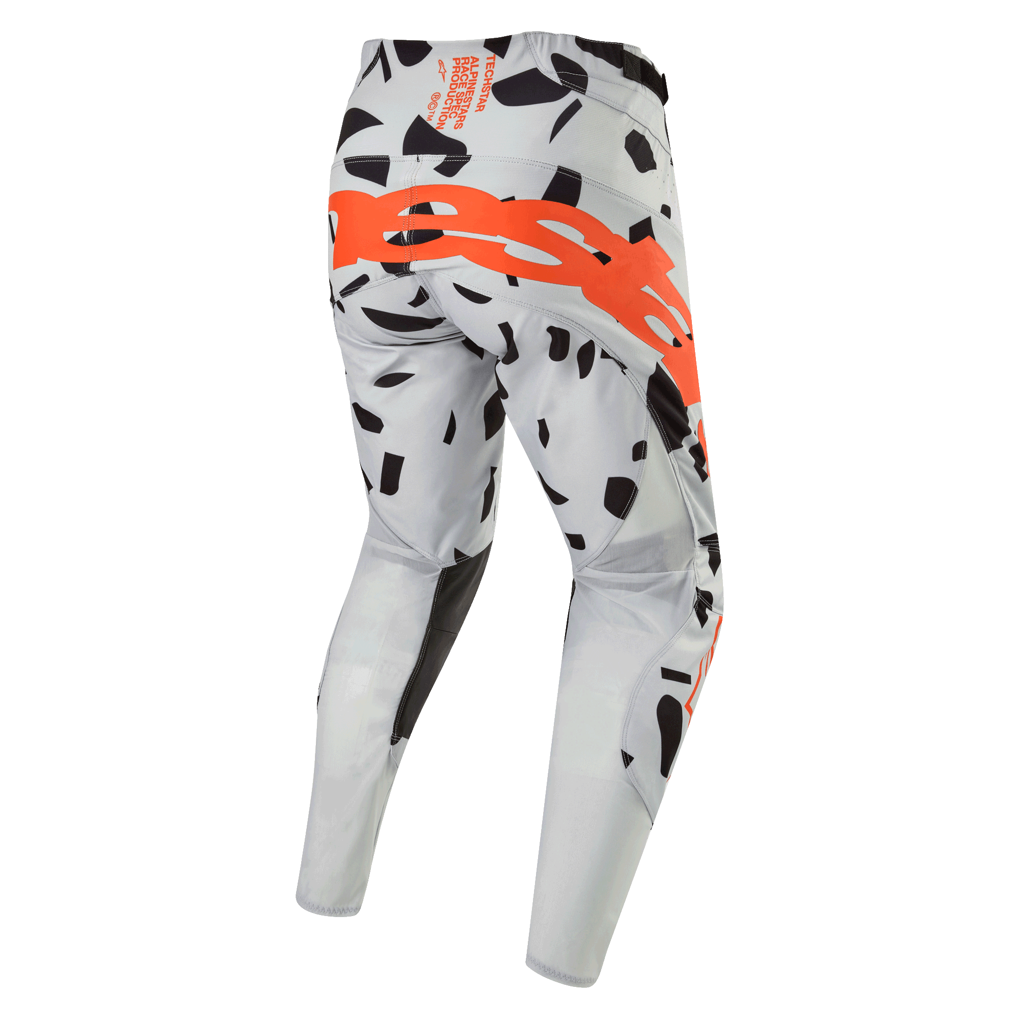 Alpinestars 2024 Techstar Rantera Hose, Motocross-Hose, Haze Gray Camo, Rückansicht mit großem orangefarbenem Logo auf dem Gesäß, schwarze grafische Muster auf grauem Stoff, sportliches Design für Offroad-Performance