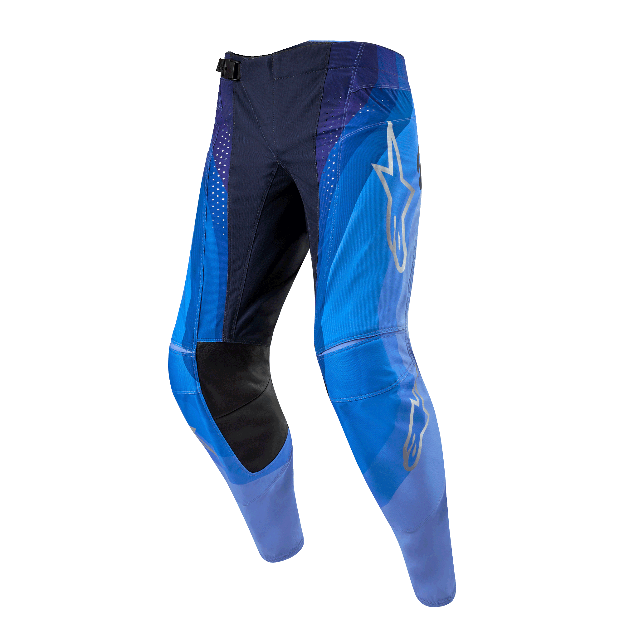 Alpinestars 2024 Techstar Pneuma Hose, Motocross-Hose, Dunkelblau und Hellblau, mit silbernem Alpinestars-Stern-Logo am Oberschenkel, Innenknie-Einsätzen aus schwarzem Leder und lasergeschnittenen Belüftungsperforationen.