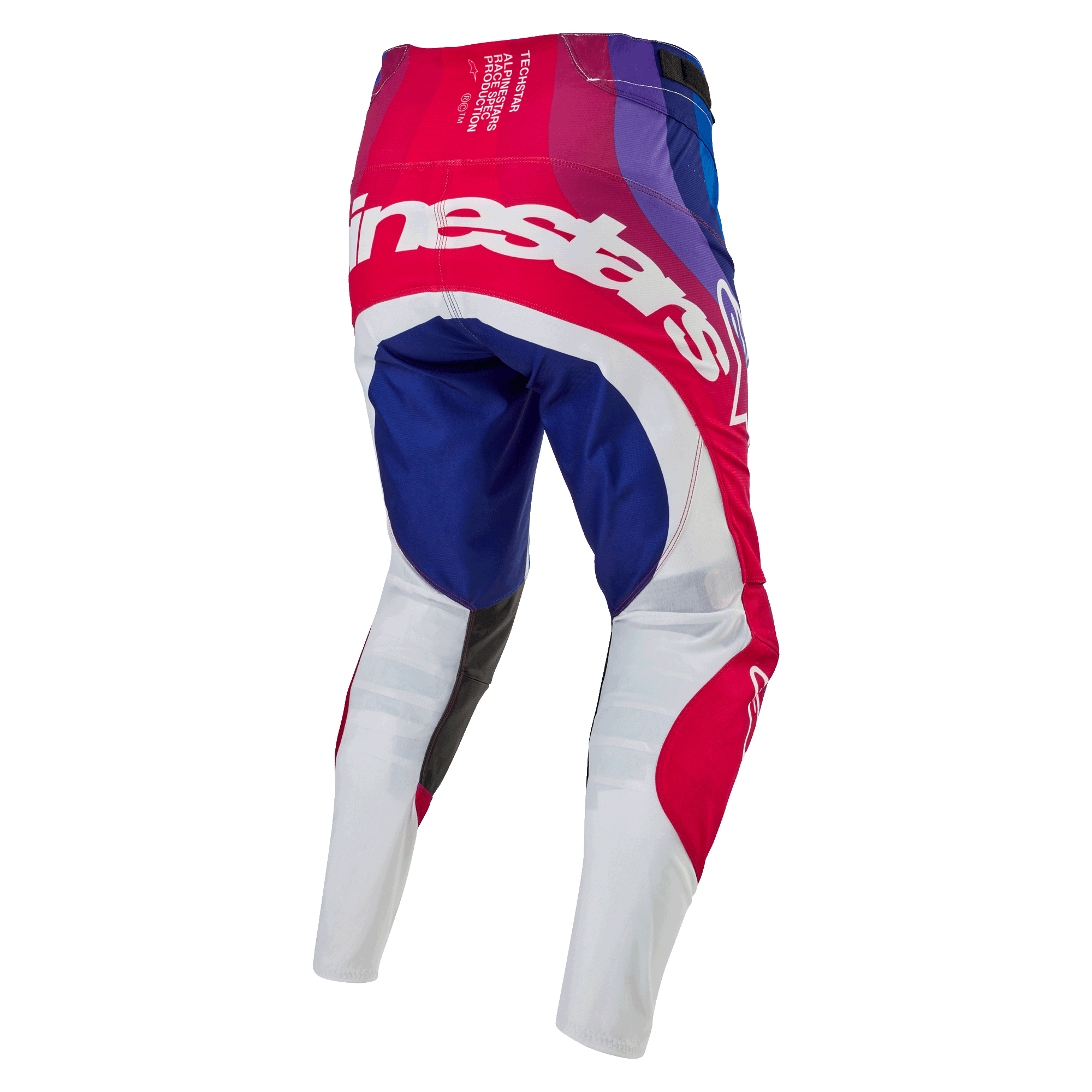 Alpinestars 2024 Techstar Pneuma Pants, Motocross Pants, Blu Mars Red White, Rear view featuring large white Alpinestars branding across the seat, blue and red panels with white lower legs, durable design for off-road competition