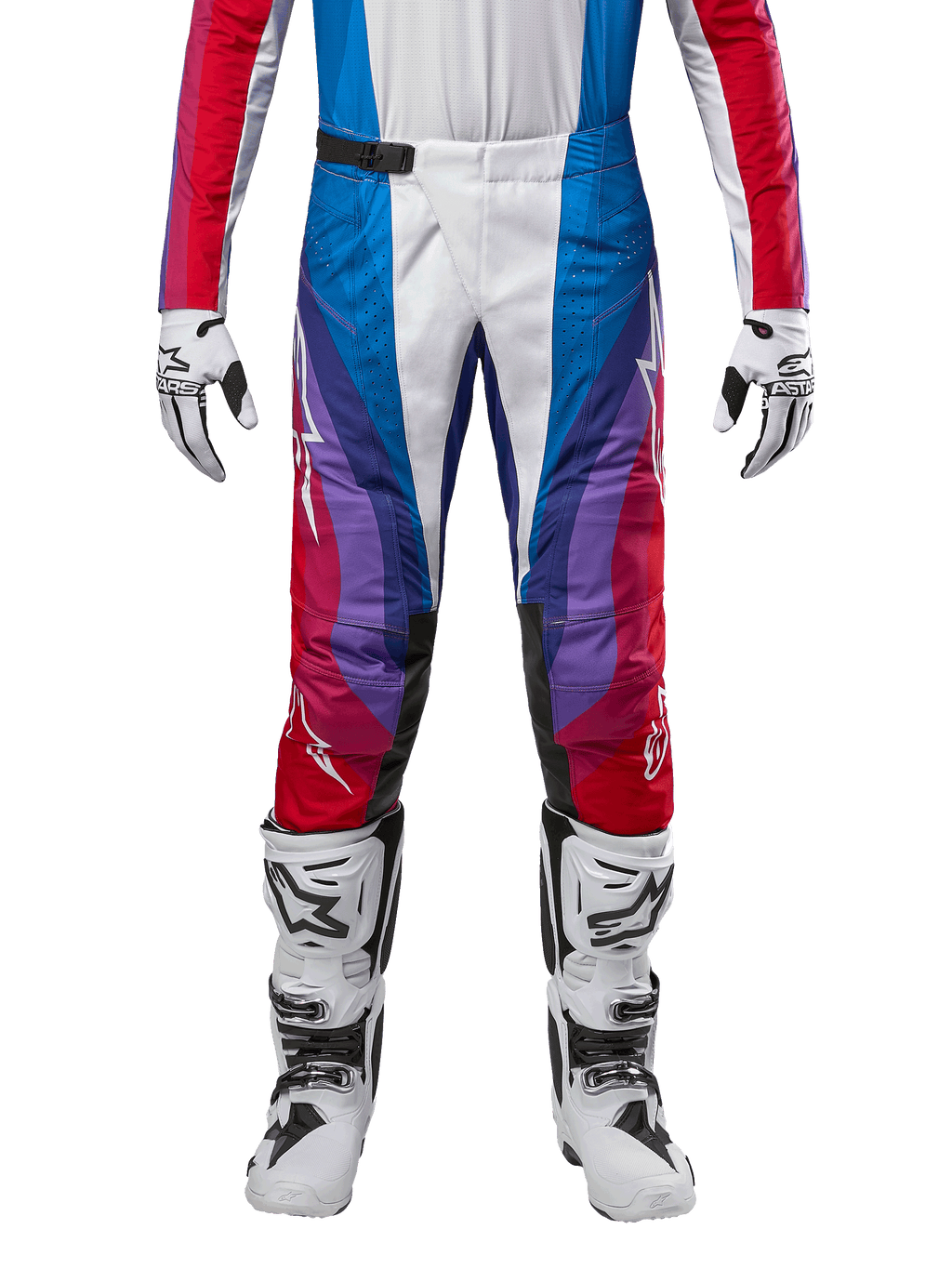 Alpinestars 2024 Techstar Pneuma Pants, Motocross Pants, Blu Mars Red White, featuring a multi-colored angular design with purple accents, paired with white and black motocross boots and matching gloves, athletic racing fit for off-road performance