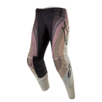 Alpinestars 2024 Techstar Pneuma Pants, Motocross Pants, Dark Sand, Iron Dust, and Gray, featuring a wavy color-blocked design with Alpinestars star logos, black reinforced knee panels and laser-cut perforations, durable off-road racing gear