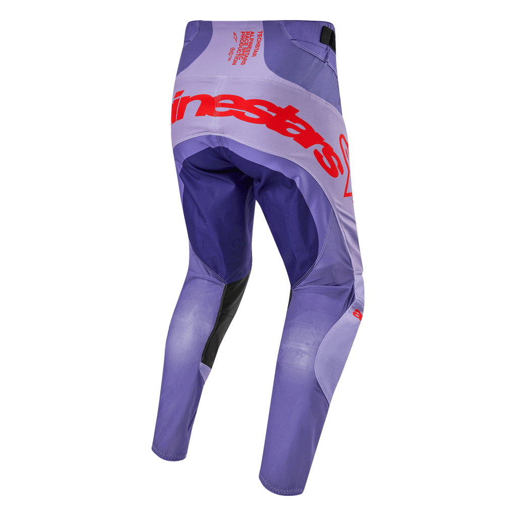 Alpinestars 2024 Techstar Ocuri Hose, Motocross-Hose, Lila und Hot Orange, Rückansicht mit großem Alpinestars-Logo, strapazierfähiges Stretch-Gewebe und Mesh-Einsätze für optimale Belüftung, professionelle Offroad-Ausrüstung
