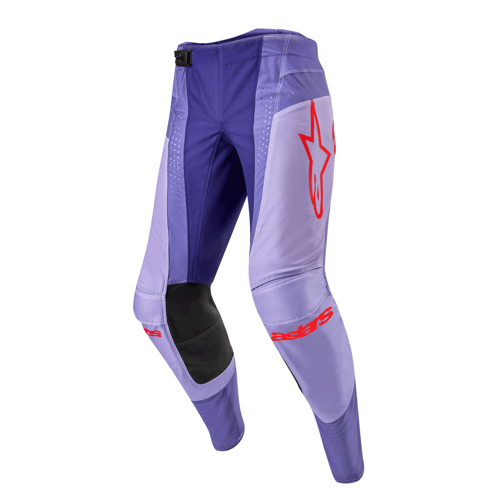 Alpinestars 2024 Techstar Ocuri Hose, Motocross-Hose, Lila mit leuchtend orangefarbenen Akzenten, strapazierfähiges Material, SX2 Magnetverschluss, ergonomische Kniekonstruktion, professionelle Offroad-Rennausrüstung
