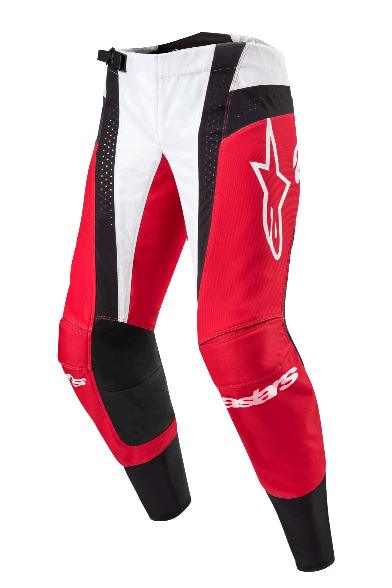 Alpinestars 2024 Techstar Ocuri Hose, Motocross-Hose, Mars-Rot, Weiß und Schwarz, mit roten und weißen Einsätzen und schwarzen perforierten Akzenten, großes weißes Astar-Logo am Oberschenkel, Alpinestars-Branding an den Schienbeinen, strapazierfähiges Design für Offroad-Rennsport