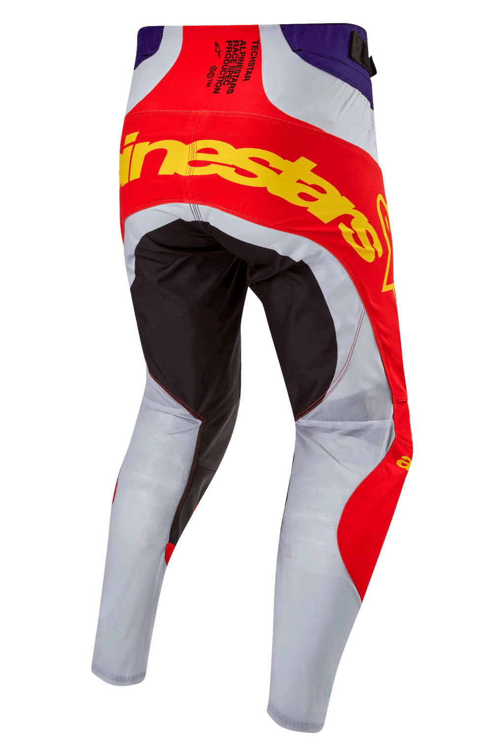 Alpinestars 2024 Techstar Ocuri Hose, Motocross-Hose, Hot Orange, Lila und Schwarz, Rückansicht mit markantem gelbem Branding auf dem Gesäß, schwarzen verstärkten Paneelen und hellgrauen belüfteten Beinen