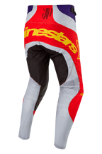Alpinestars 2024 Techstar Ocuri Hose, Motocross-Hose, Hot Orange, Lila und Schwarz, Rückansicht mit markantem gelbem Branding auf dem Gesäß, schwarzen verstärkten Paneelen und hellgrauen belüfteten Beinen