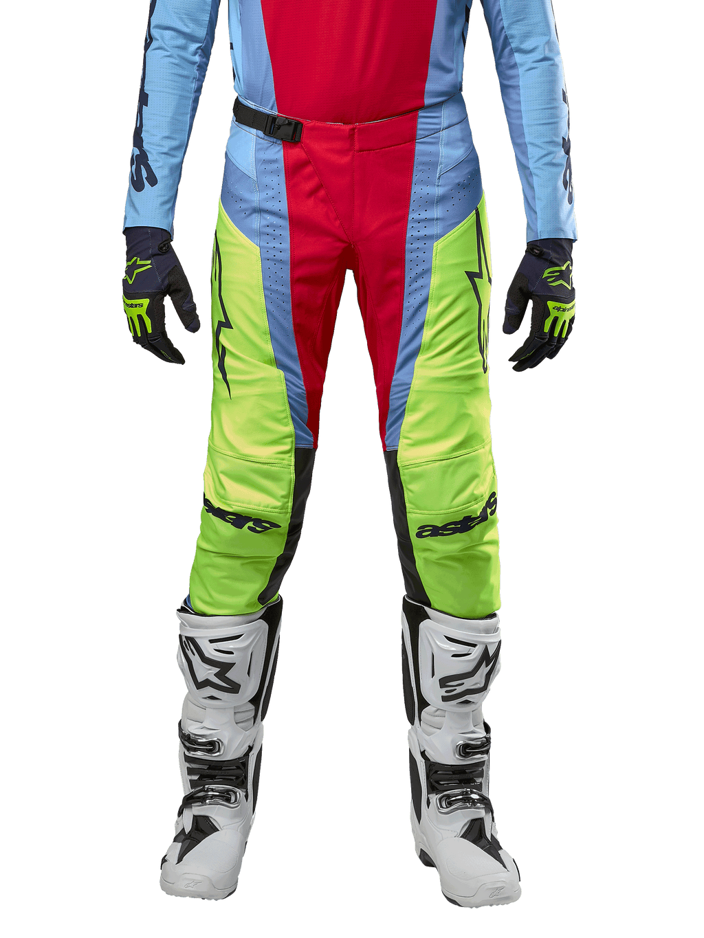 Alpinestars 2024 Techstar Ocuri Hose, Motocross-Hose, Hellblau, Gelb Fluo und Beerenrot, getragen mit passendem Jersey und weißen Motocross-Stiefeln, mit auffälligen Color-Blocking-Einsätzen und schwarzen Logos, strapazierfähiges Design in Racing-Passform