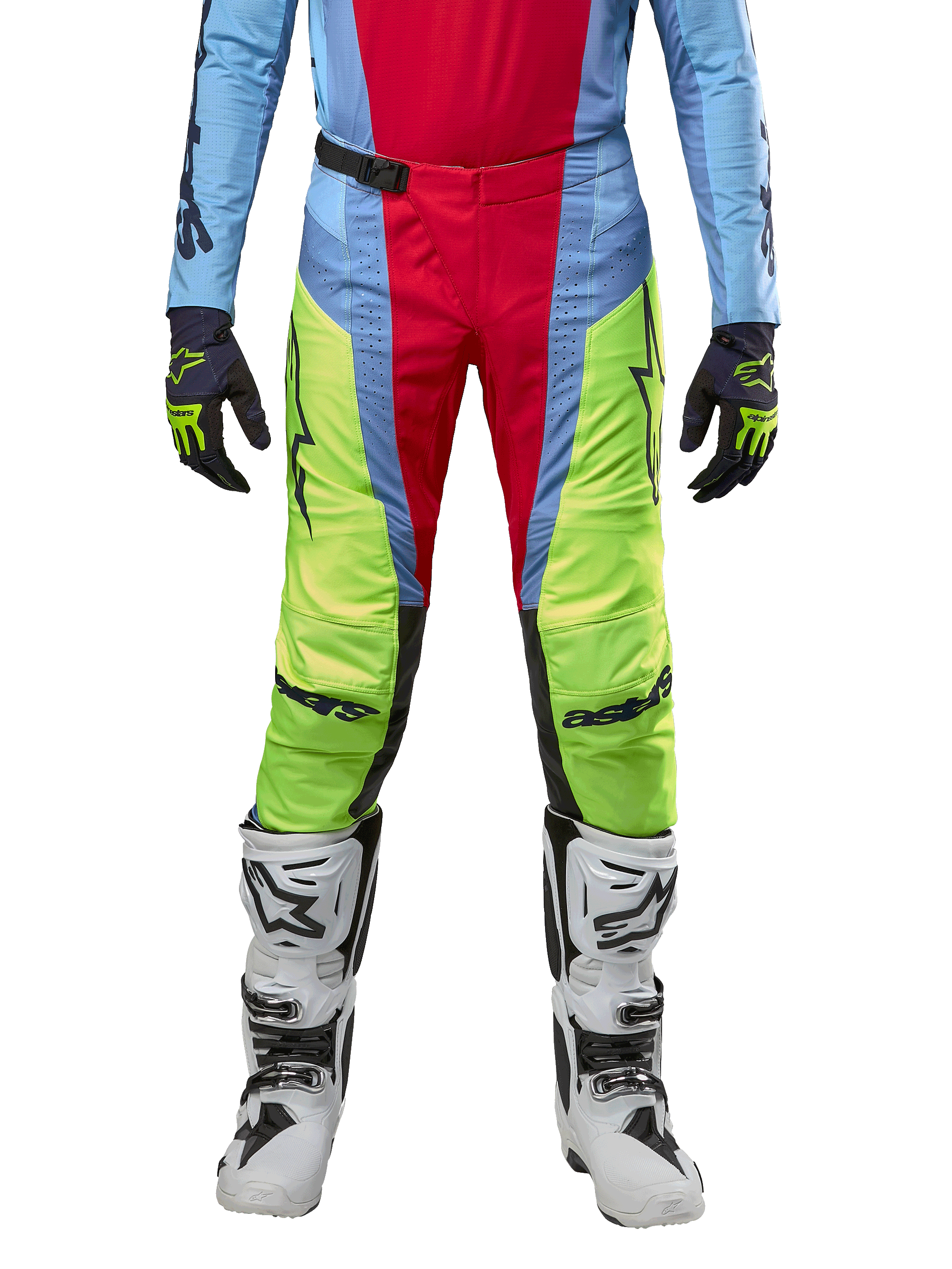 Alpinestars 2024 Techstar Ocuri Hose, Motocross-Hose, Hellblau, Gelb Fluo und Beerenrot, getragen mit passendem Jersey und weißen Motocross-Stiefeln, mit auffälligen Color-Blocking-Einsätzen und schwarzen Logos, strapazierfähiges Design in Racing-Passform