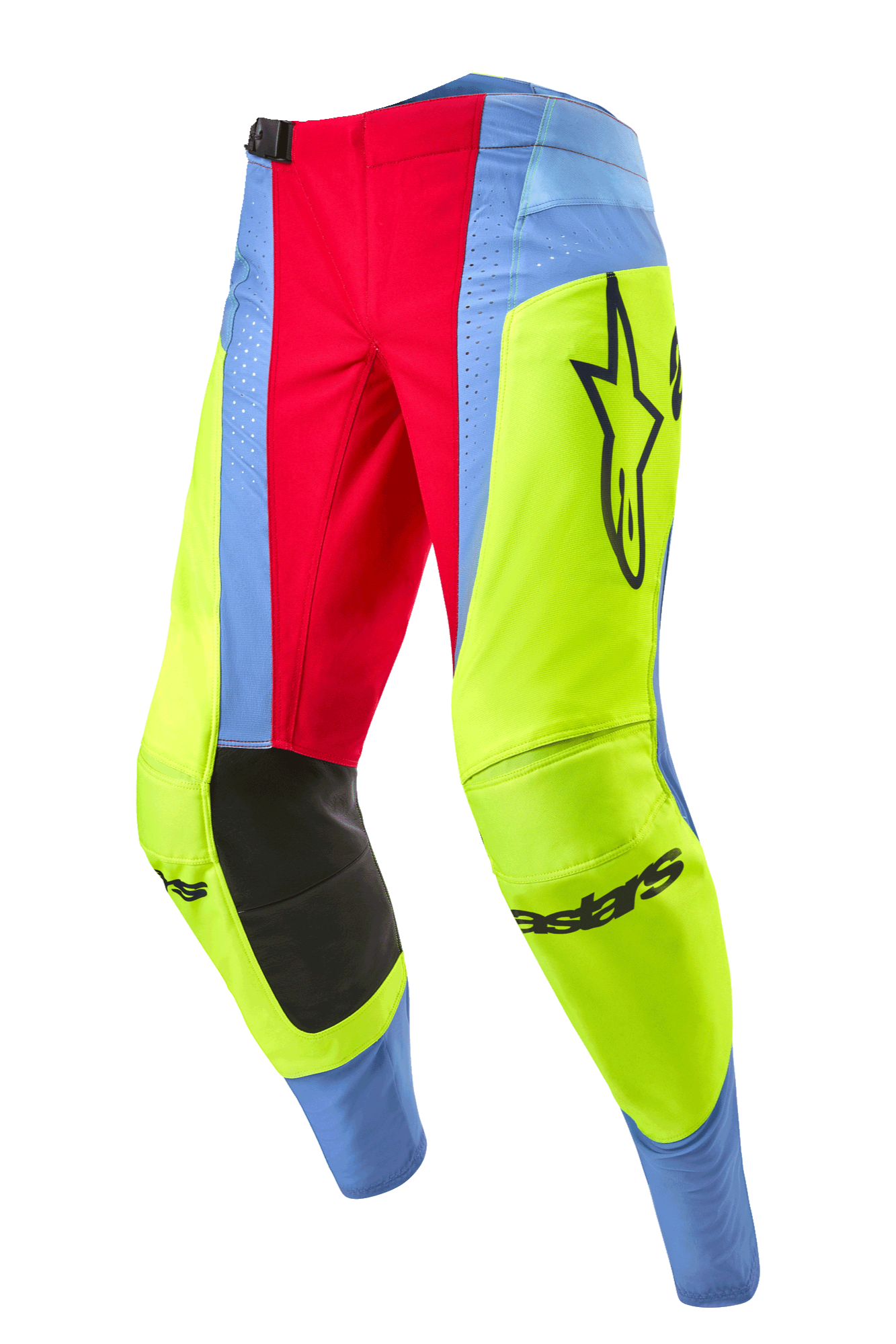 Alpinestars 2024 Techstar Ocuri Hose, Motocross-Hose, Hellblau, Gelb Fluo und Beerenrot, mit schwarzen Knie-Innenpaneelen, markantem Alpinestars-Logo und lebhaften, mehrfarbigen Einsätzen für den Offroad-Rennsport.
