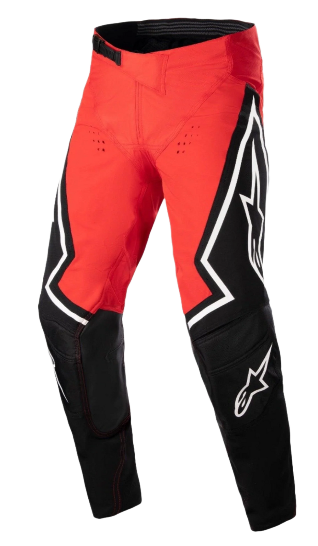Alpinestars Techstar Acumen LE Hose, Motocross-Hose, Rot, Schwarz und Weiß, mit schwarzen Paneelen und großen weißen Stern-Logos, artikuliertem 3D-Kniedesign und strapazierfähiger Textilkonstruktion für Hochleistungs-Offroad-Rennsport.