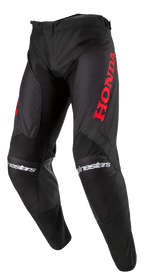 Alpinestars Honda Racer Iconic Pants, Motocross Pants, Black with Red branding, featuring a large red Honda logo on the thigh and white Alpinestars text on the knees, sport-cut design for off-road performance
