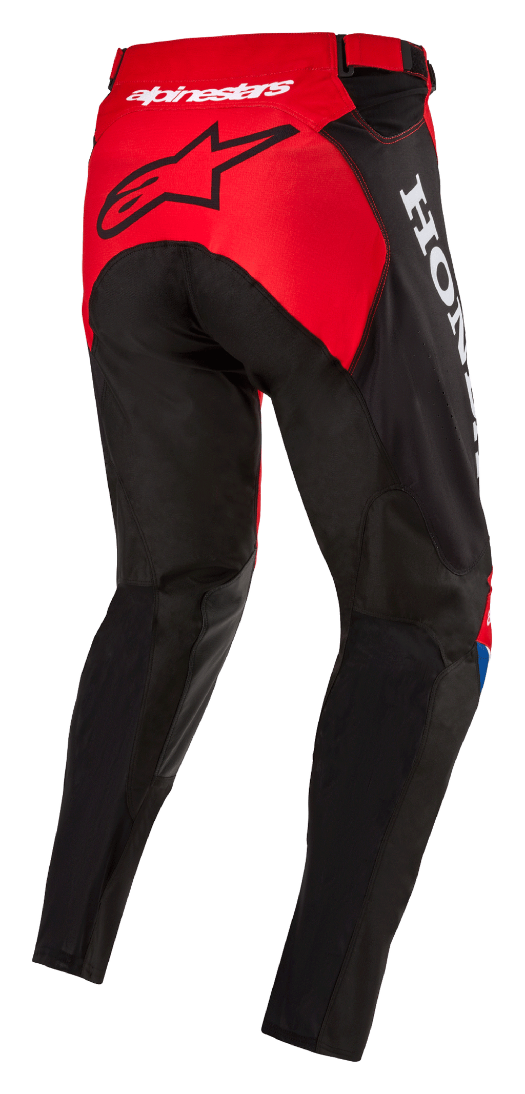 Alpinestars Honda Racer Iconic Hose, Motocross-Hose, Leuchtendes Rot, Schwarz und Weiß, Dreiviertel-Rückansicht zeigt rotes Gesäßpanel mit schwarzem Stern-Logo, weißes Honda-Branding an der Seite und strapazierfähige Textilkonstruktion im Sportschnitt für Offroad-Rennen