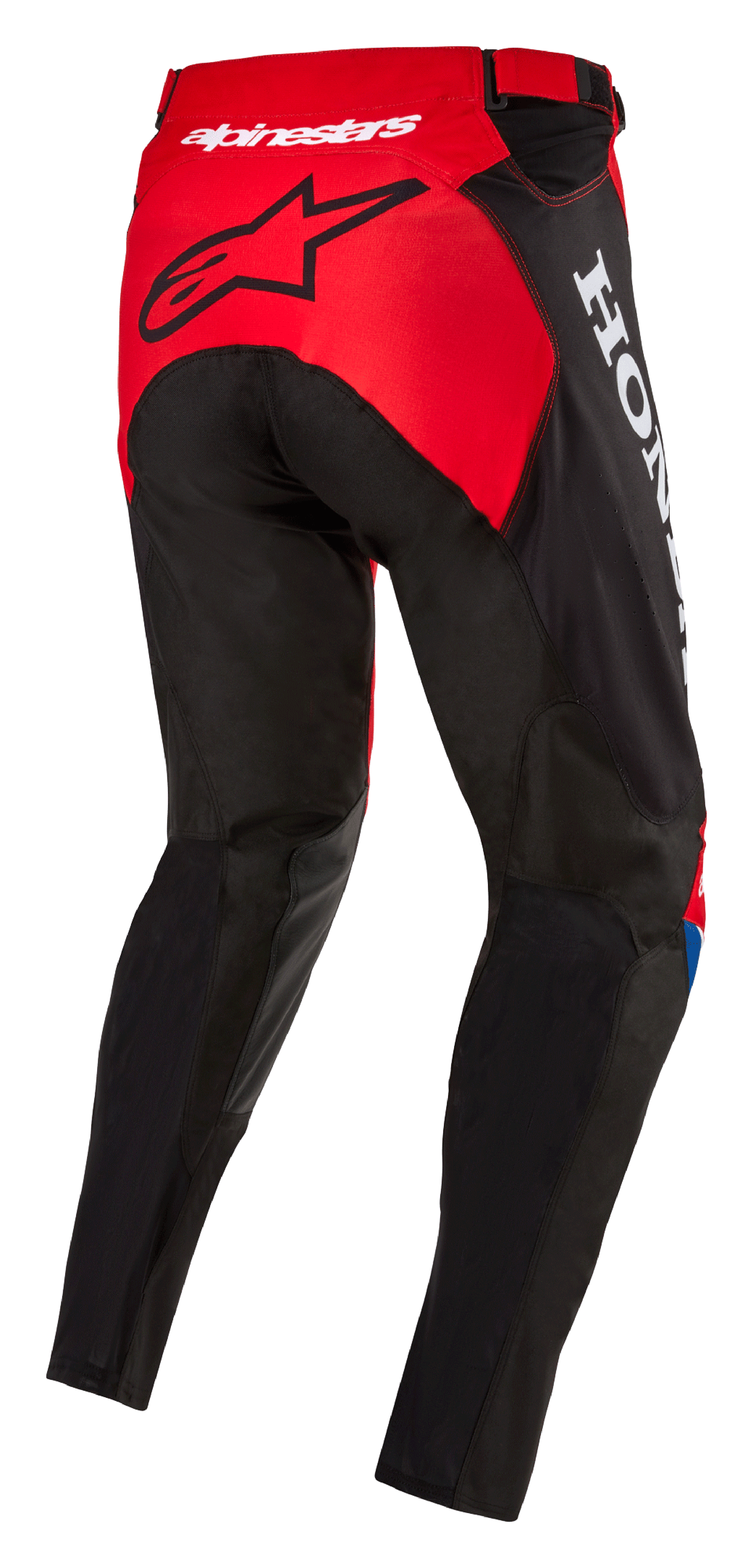 Alpinestars Honda Racer Iconic Hose, Motocross-Hose, Leuchtendes Rot, Schwarz und Weiß, Dreiviertel-Rückansicht zeigt rotes Gesäßpanel mit schwarzem Stern-Logo, weißes Honda-Branding an der Seite und strapazierfähige Textilkonstruktion im Sportschnitt für Offroad-Rennen